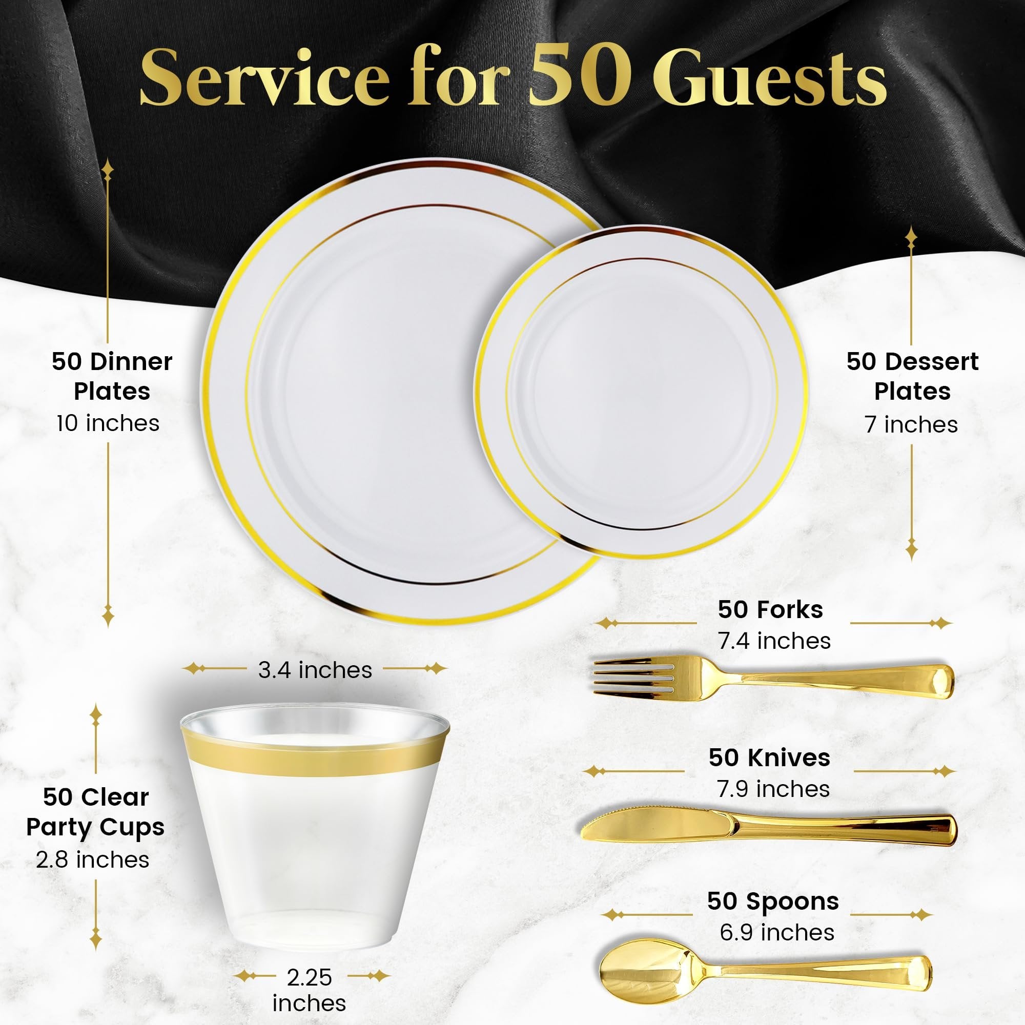 600 Piece Gold Dinnerware Set - 200 White and Gold Plates - Set of 300 Gold Plastic Silverware - 100 Plastic Cups - Disposable Gold Dinnerware Set for Party - 100 Guests