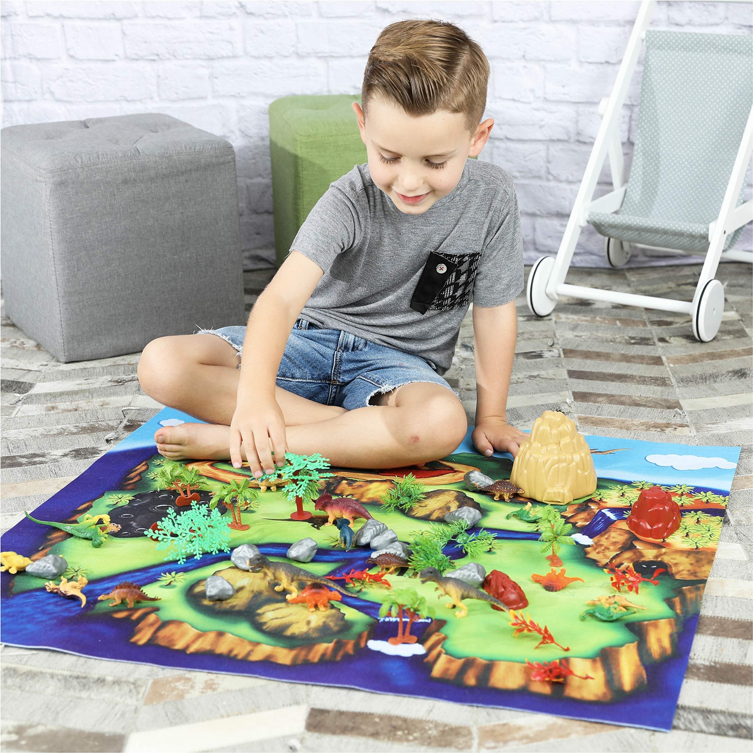 Dino World Play Set: Figures, Trees, Rocks, Playmat, & Container for Ages 3-6+