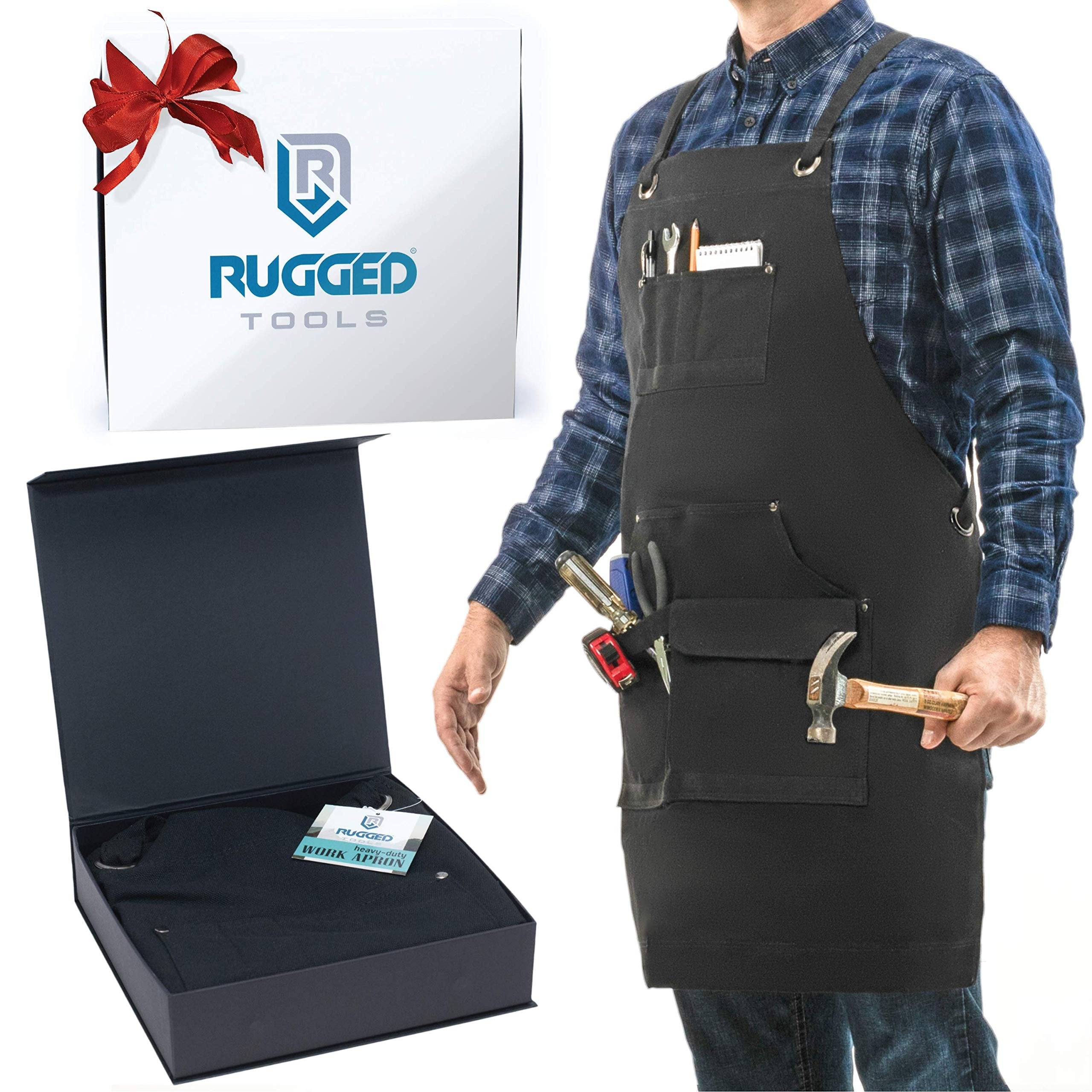 Rugged Tools Work Apron - Heavy Duty Canvas Shop Apron with Tool Pockets (Black)