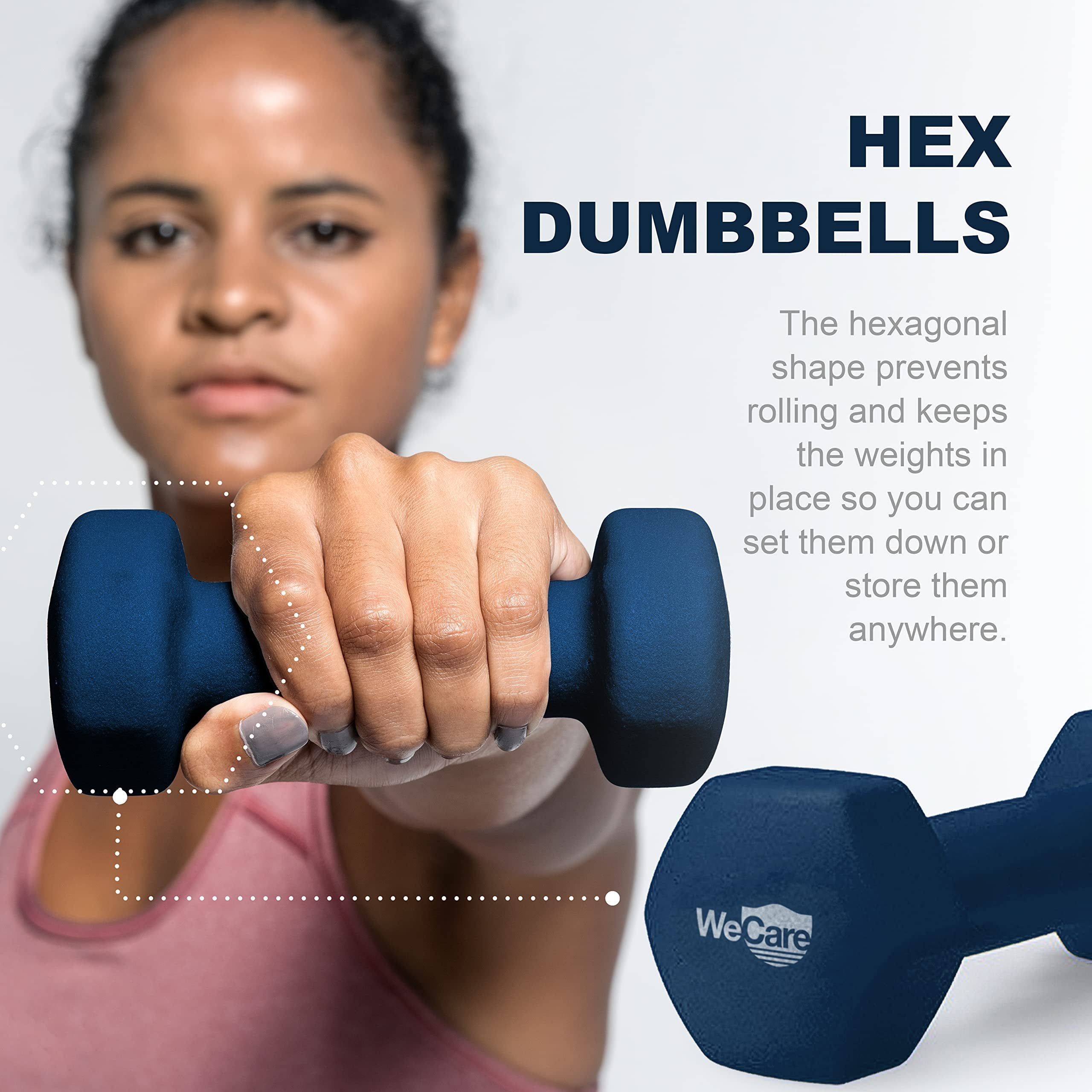 WeCare Fitness Dumbbell Weight Set, Premium Neoprene, Hex Design, Anti Slip, Anti Roll, Portable Workout Equipment, For Home Gym, Training, Exercise, For Men and Women, 2 lb Set of 2, Navy Blue