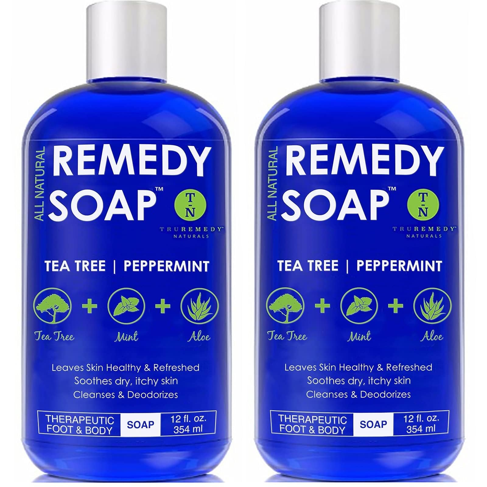 Remedy Soap Pack of 2, Helps Wash Away Body Odor, Sooth Athlete’s Foot, Ringworm, Jock Itch, Yeast Infections and Skin Irritations, 100% Natural with Tea Tree Oil, Mint & Aloe 12 oz