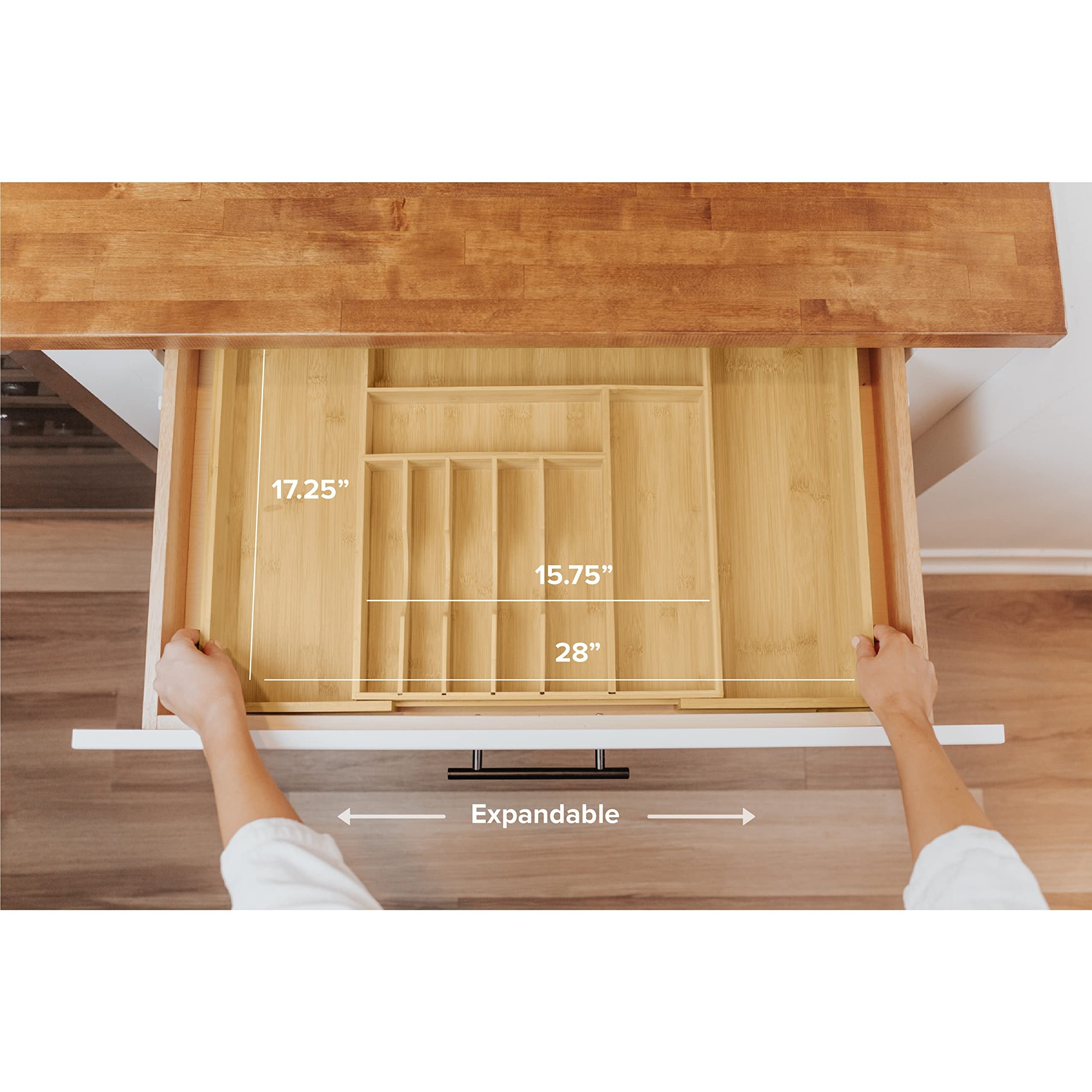 KitchenEdge Premium Silverware, Flatware and Utensil Organizer for Kitchen Drawers, Expandable to 28 Inches Wide, 10 Compartments, 100% Bamboo