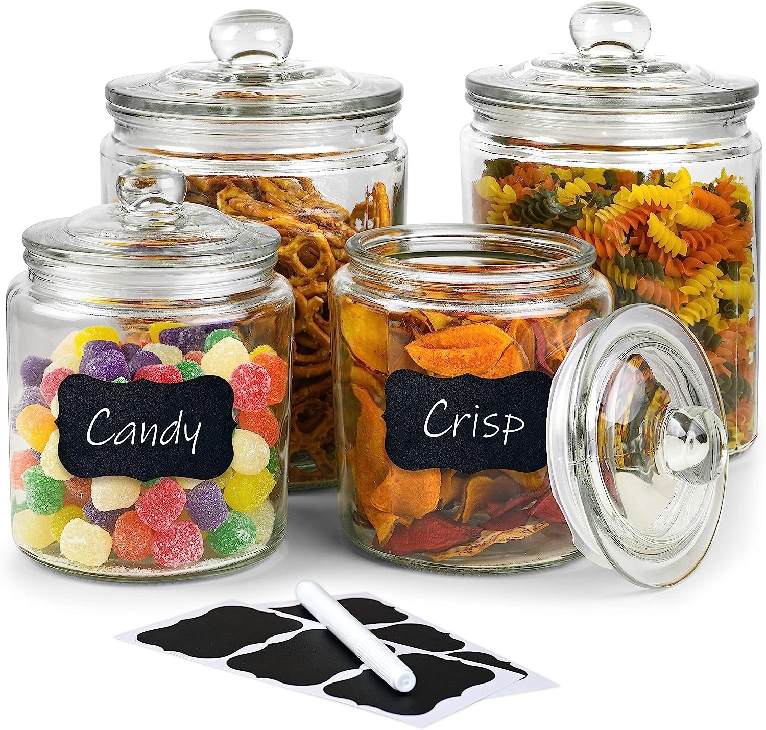 GADGETWIZ Glass Cookie Jar -2x 1/2 Gallon (64oz) & 1/4Gallon (32oz) - Glass Apothecary Jars With Lids - Canister Sets For Kitchen Counter - Glass Candy Jars - Glass Canisters Set Of 4