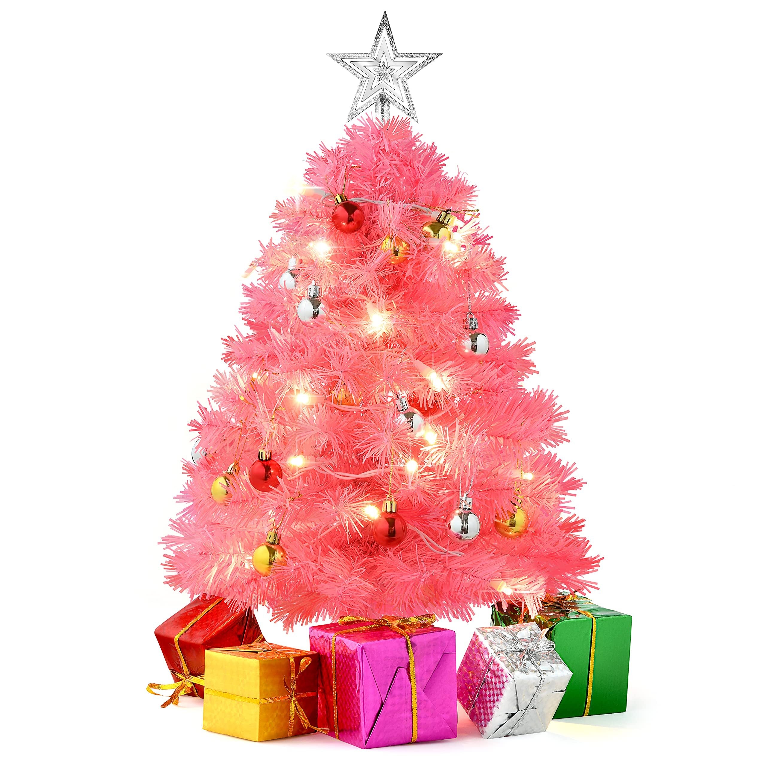 Prextex 23” Mini Pink Christmas Tree with Lights Ornaments & Presents - Small Pink Christmas Tree with Lights Pink Mini Christmas Tree - Warm White LED Lights, Pink…