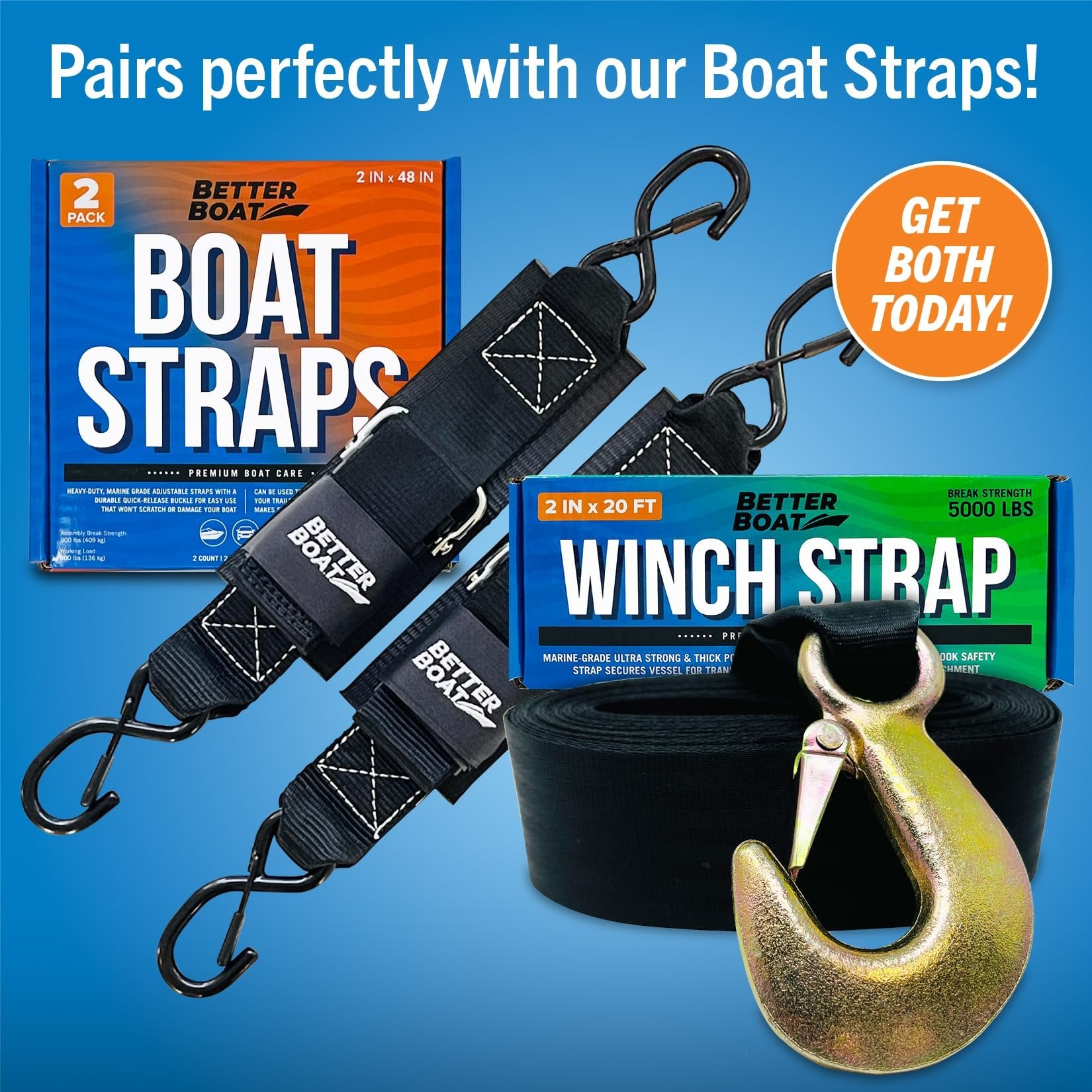 Boat Trailer Winch Strap with Hook Bow Boat Winch Strap Replacement for Hand Crank Trailer Heavy Duty Boat Hook Boat Winch Strap with Hook Towing Boat Trailer Straps & Other Trailers 5000Lbs 2" x 20'
