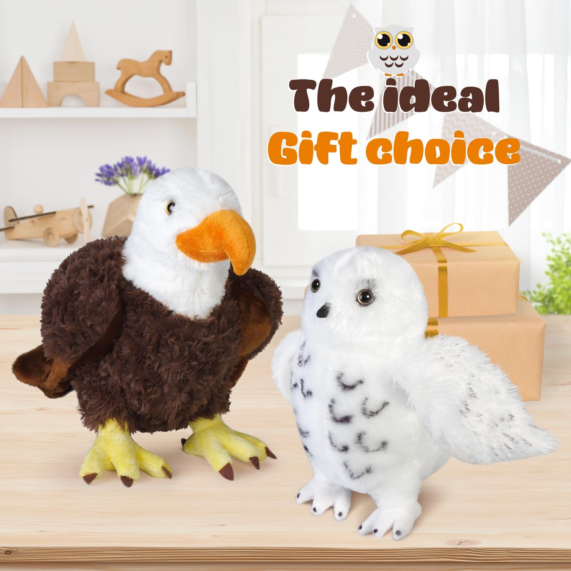 Madzee Plush Eagle and Owl Set, Stuffed Bald Eagle and Snowy Owl, Stuffed Animal Toy Gifts for Kids