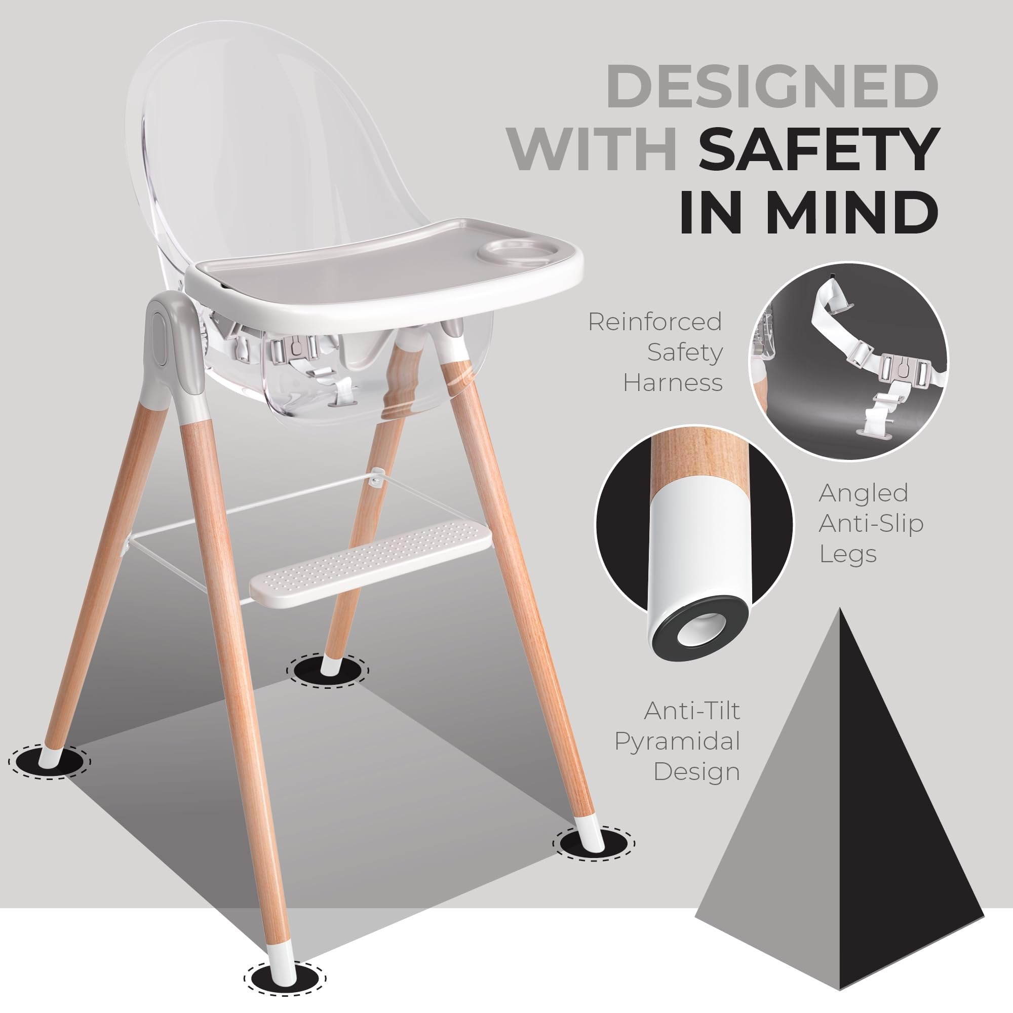 Children Of Design Classic Non-Reclinable 6 in 1 Baby High Chair for Babies and Toddlers, Modern Safe & Compact Wooden Highchair, Easy to Clean, Removable Tray, Easy to Assemble