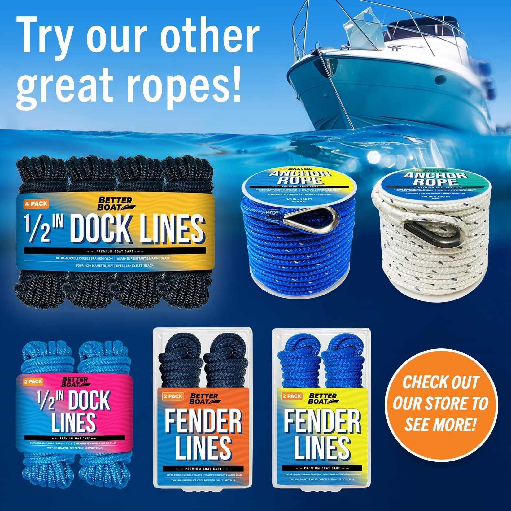 Boat Dock Lines & Rope Boat Ropes for Docking 1/2" Line Braided Mooring Marine Rope 25FT 1/2 Inch Nylon Rope Boat Dock Lines for Docking Boat Lines Boating Rope Braided with Loop Royal Blue 4 Pk