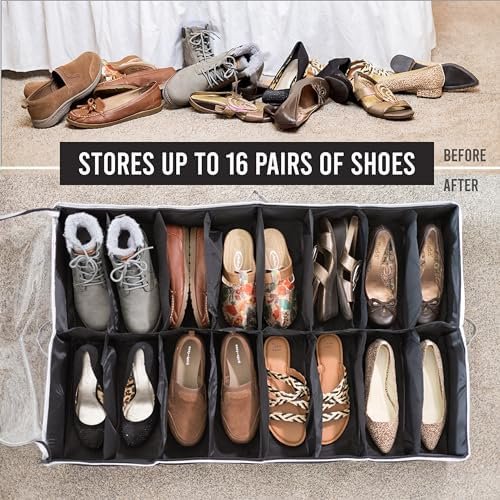 Extra-Large Under Bed Shoe Storage Organizer - Underbed Storage Solution Fits Men's and Women's Shoes, High Heels, and Sneakers with Durable Vinyl Cover & Extra-Strong Zipper