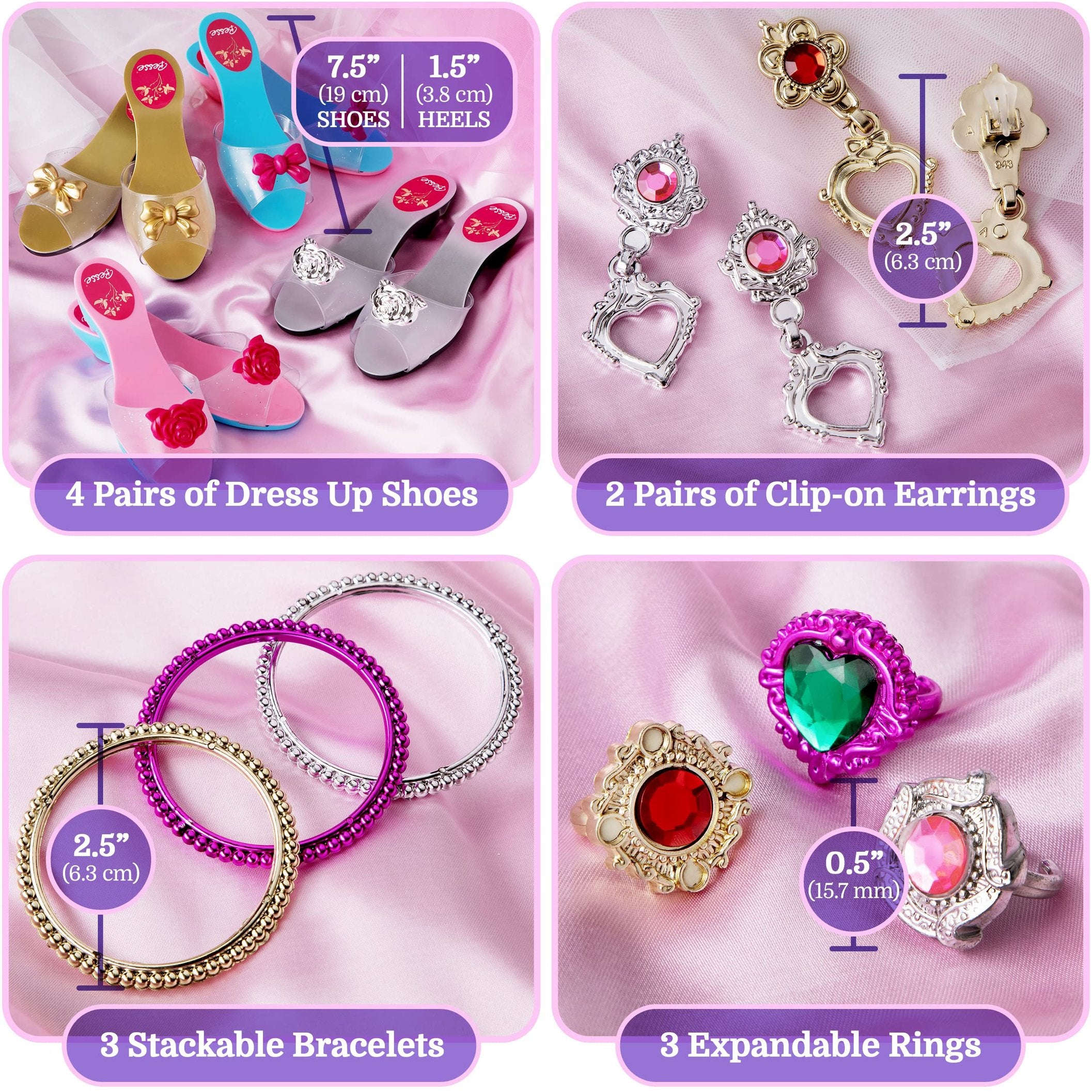 Princess Toddler Dress Up Shoes & Jewelry for Little Girls - Toddler Pretend Play Boutique Set - 4 Pairs of Shoes, Earrings, Bracelets & Rings - Gift Toy Set for 3+ Years Old Girl - Gifts for Girls