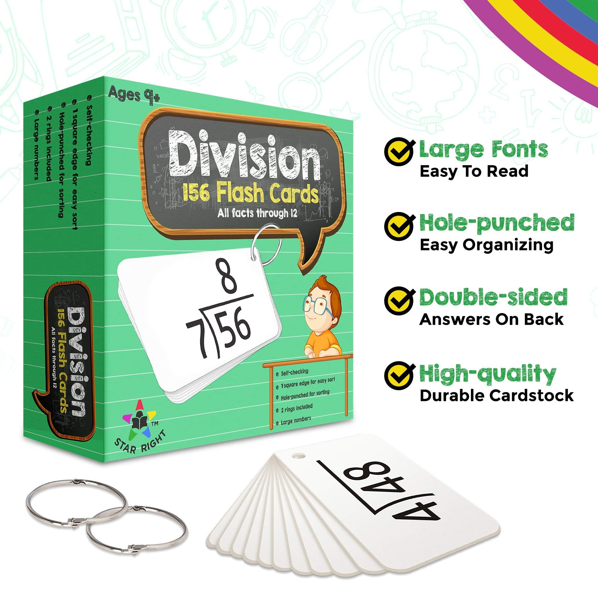 Star Right Math Flash Cards - Multiplication and Division Flash Cards - 325 Hole Punched Math Game Flash Cards - 4 Binder Rings - for Ages 8 and Up - Flash Cards 3rd Grade, 4th, 5th, and 6th Grades