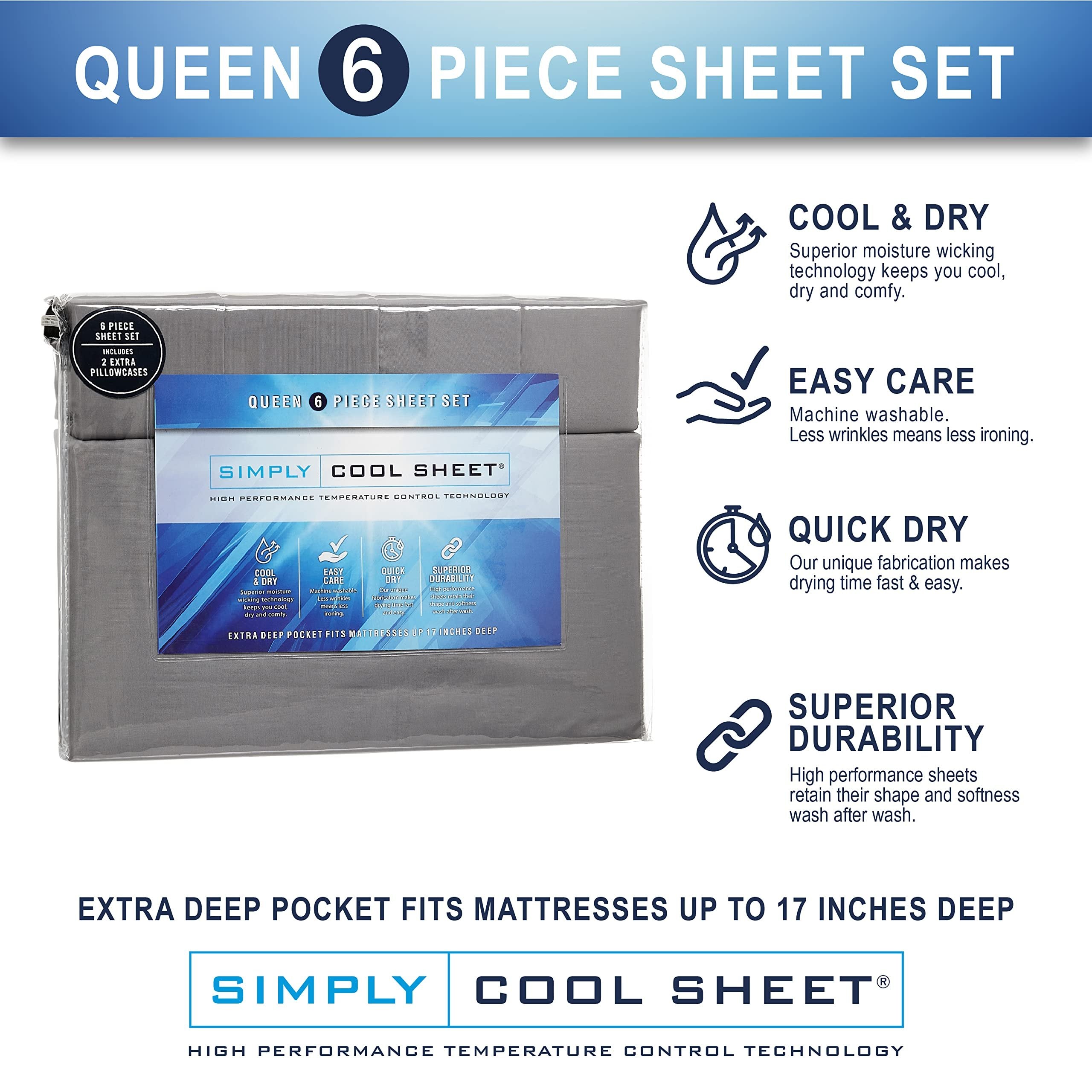 Simply Cool Sheets 6 Piece Sheet Set - Durable Lightweight Super Soft Easy Care Microfiber Bed Sheet Set with 17-Inch Deep Pockets-Queen, Dark Grey