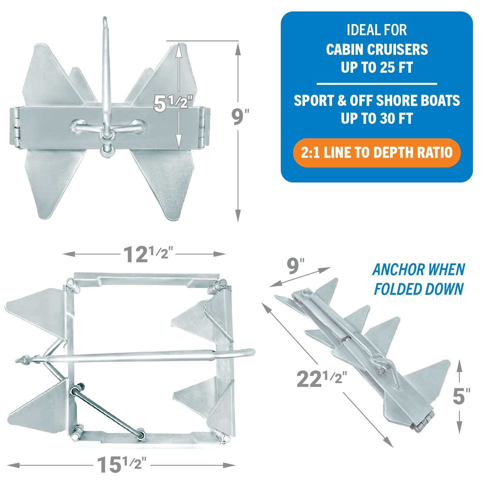 Boat Box Anchor for Boats Small and Large Folding Anchor Prevents Anchor Slide 19lb and 26lb up to 22, 23 Foot or 25' Boats Pontoon, Fishing or Cabin Cruisers Hot Dipped Galvanized Boat Anchors 19lb