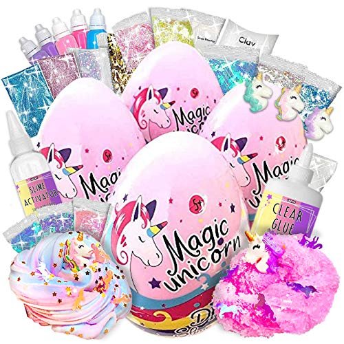 Laevo 4 Pack of Slime Eggs All-Inclusive Surprise DIY Slime Making Kits with 5 Secrets - Includes Glue, Activator and Magic Add ins - Butter, Cloud, Glitter and Stardust Slime