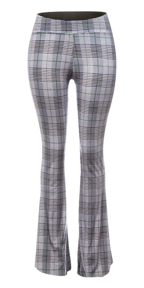 SATINA Womens High Waisted Flare Wide Leg Leggings, Printed & Solid, Reg & Plus, 10 Grey Plaid, Small