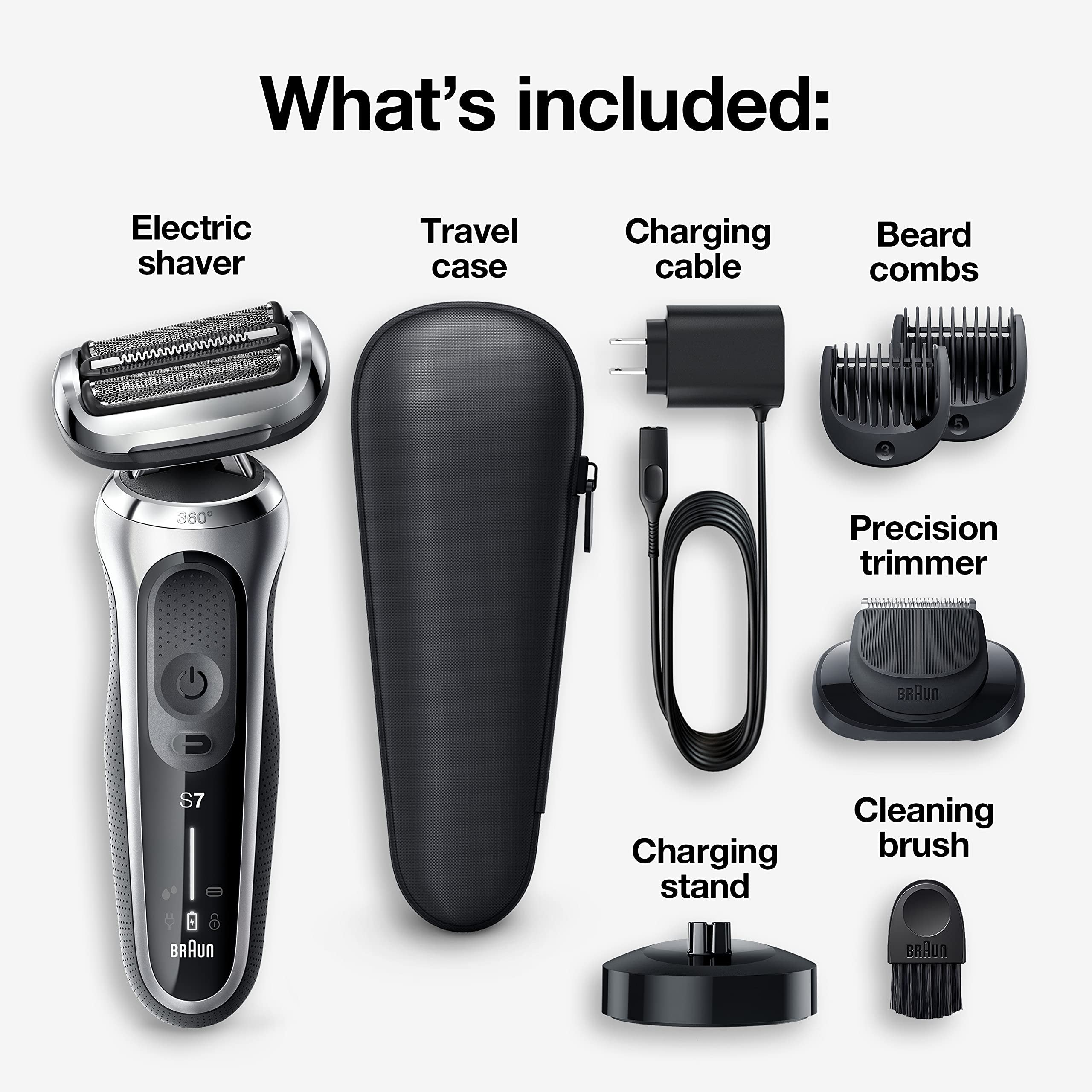 Braun Series 7 360 Flex Head Electric Shaver with Beard Trimmer for Men, Rechargeable, Wet & Dry with Charging Stand & Travel Case, Silver Black