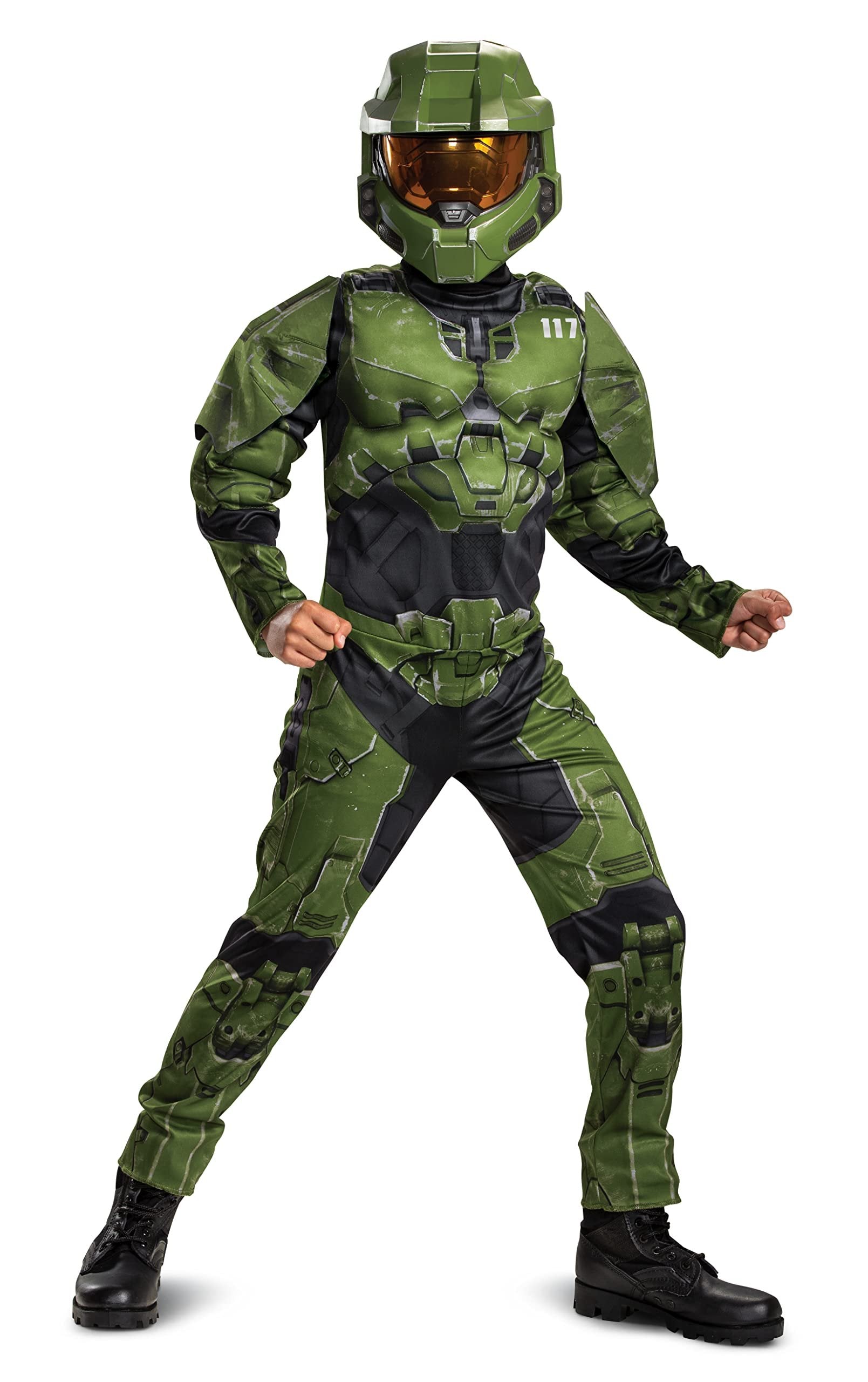 Disguise Halo Infinite Master Chief Costume, Kids Size Muscle Padded Video Game Inspired Character Jumpsuit, Child Size XL (14-16), Green & Black