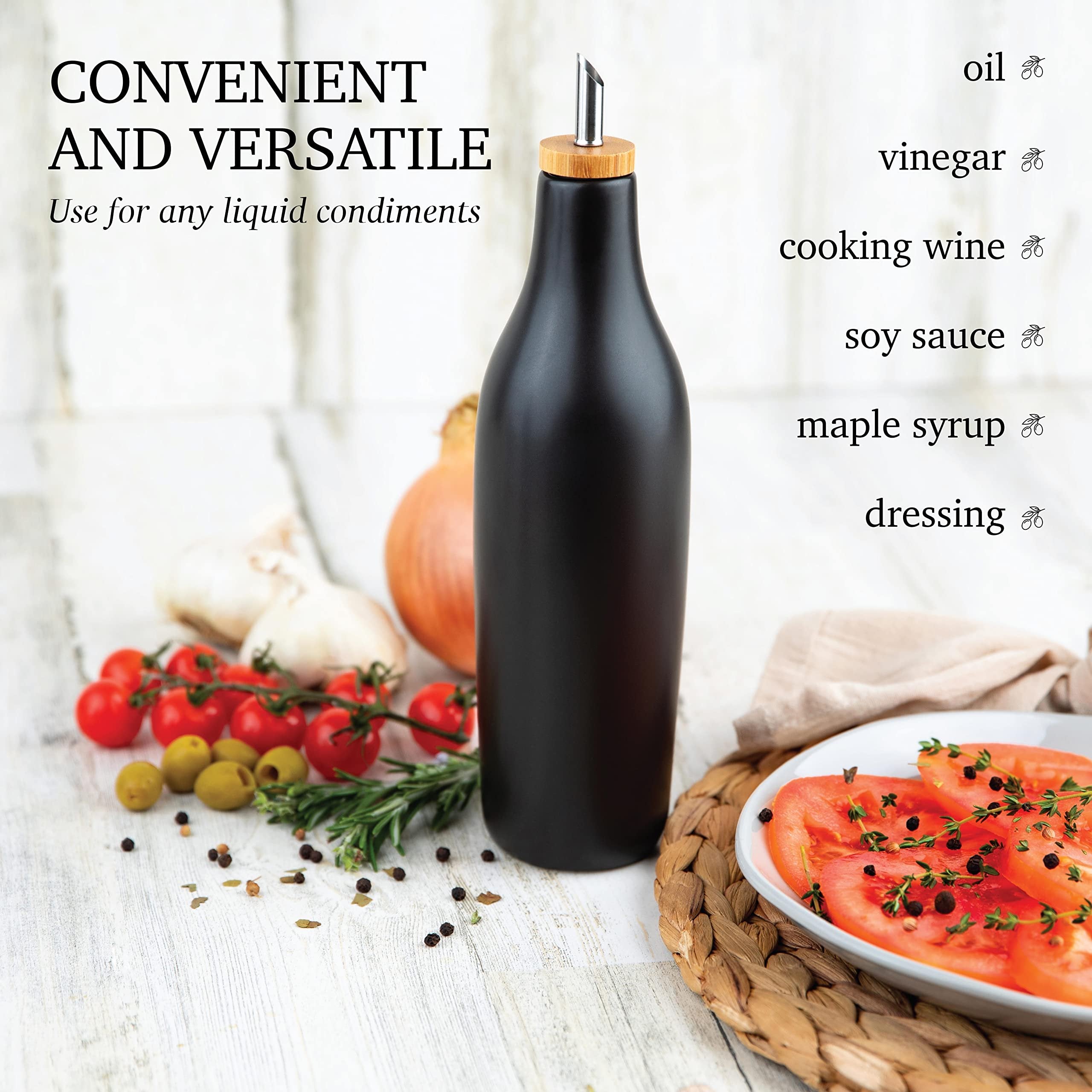 kitchentoolz Olive Oil Stoneware Dispenser Bottle, Ceramic 16 Oz Container for EVOO or Vinegar Kitchen Counter, Black
