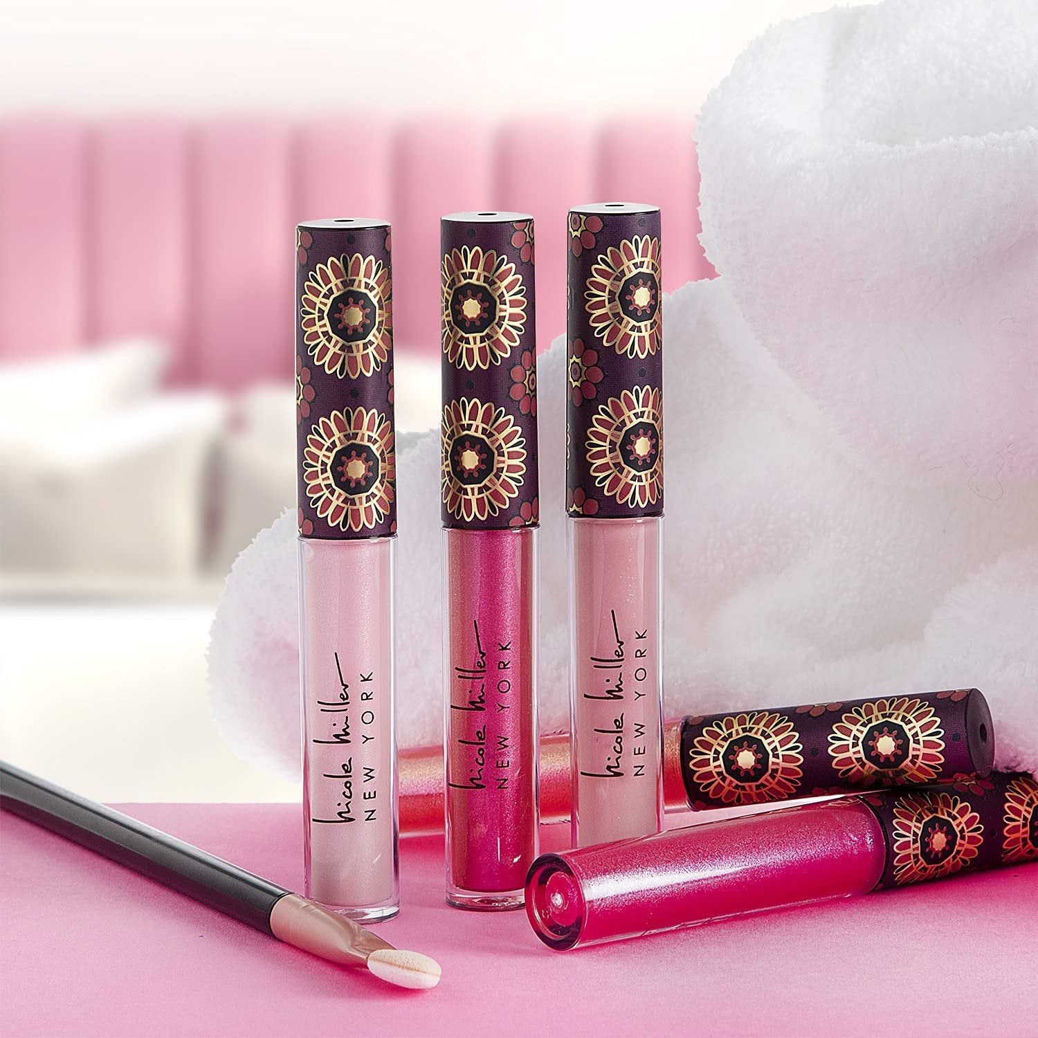 Nicole Miller 10 Pc Lip Gloss Collection, Shimmery Lip Glosses for Women and Girls, Long Lasting Color Lip Gloss Set with Rich Varied Colors (Purple)
