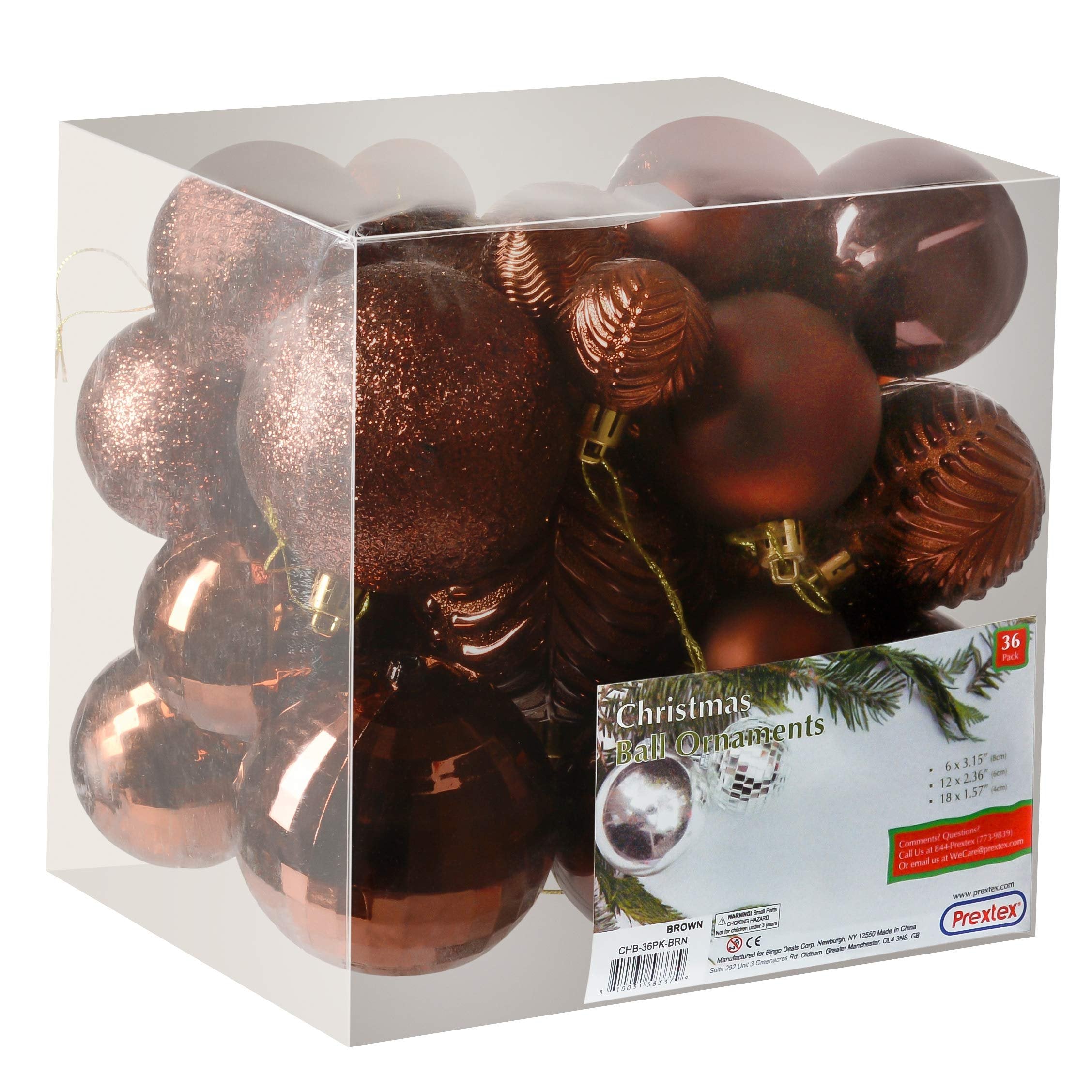 Prextex Christmas Tree Ornaments - Brown Christmas Ball Ornaments Set for Christmas, Holiday, Wreath & Party Decorations (36 pcs - Small, Medium, Large) Shatterproof, 3 Size Combo