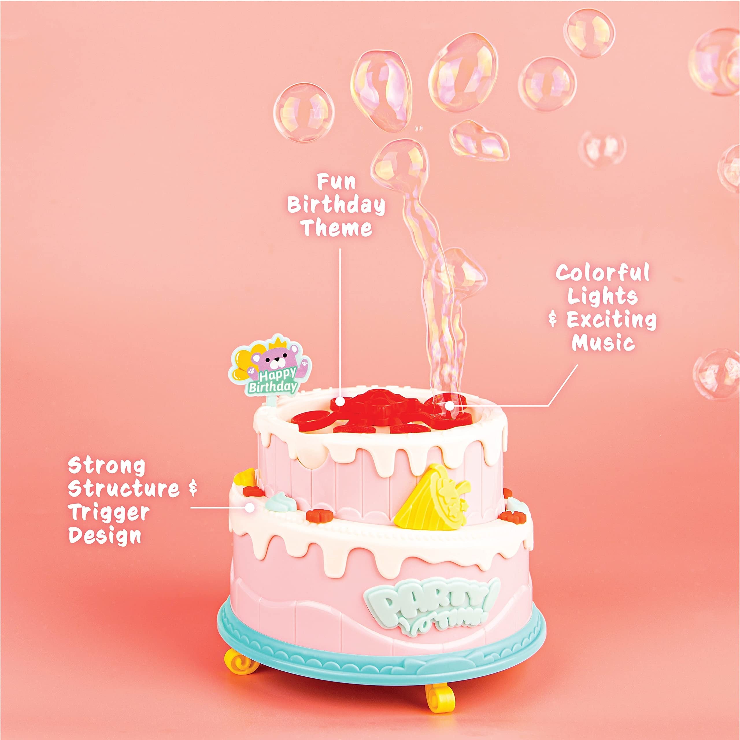 Madzee Cake Bubble Machine for Kids & Toddler Toys - Bubble Maker Blower with Lights and Music for Girls Birthday Parties - Includes 2 Bottle Bubble Solution