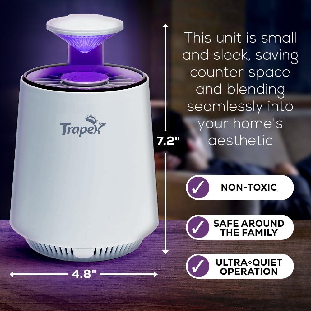 Trapex Indoor Insect Trap - Nighttime Non-Zapper Fruit Fly, Gnat, Moth and Mosquito Trap with Refillable Bait Pod & 5 Sticky Pad Refills - Gnat Traps for House Indoor, Bug Catcher & Killer (White)