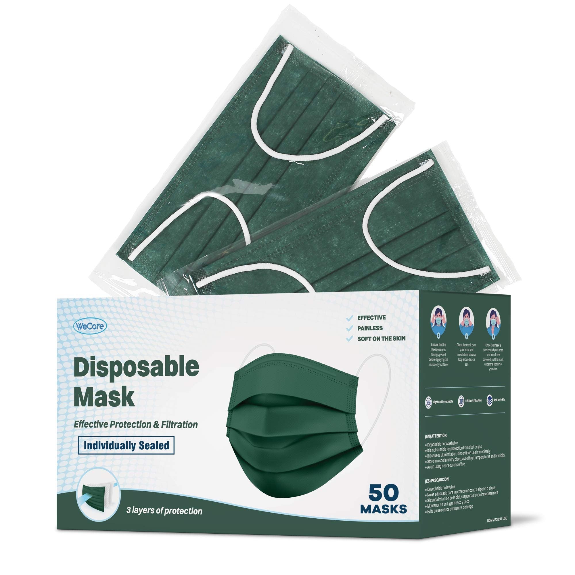 WECARE Box of 50, Individually-Wrapped Masks - Hunter Green