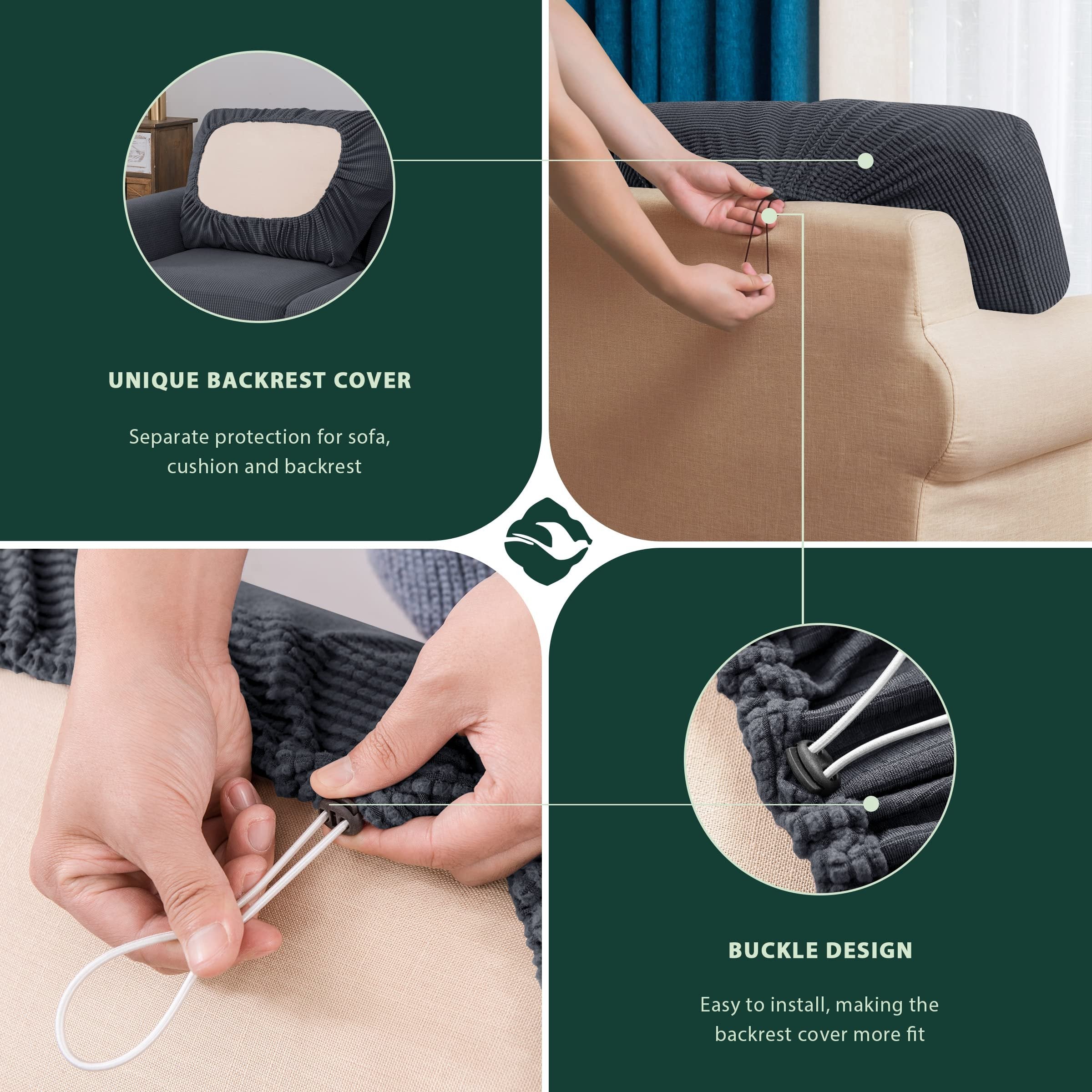 CHUN YI 7 Piece Stretch Sofa Covers for 3 Cushion Couch Covers, 3 Seater Couch Slipcover with 3 Separate Backrests and Cushions with Elastic Band, Spandex Jacquard Fabric(Large, Gray)