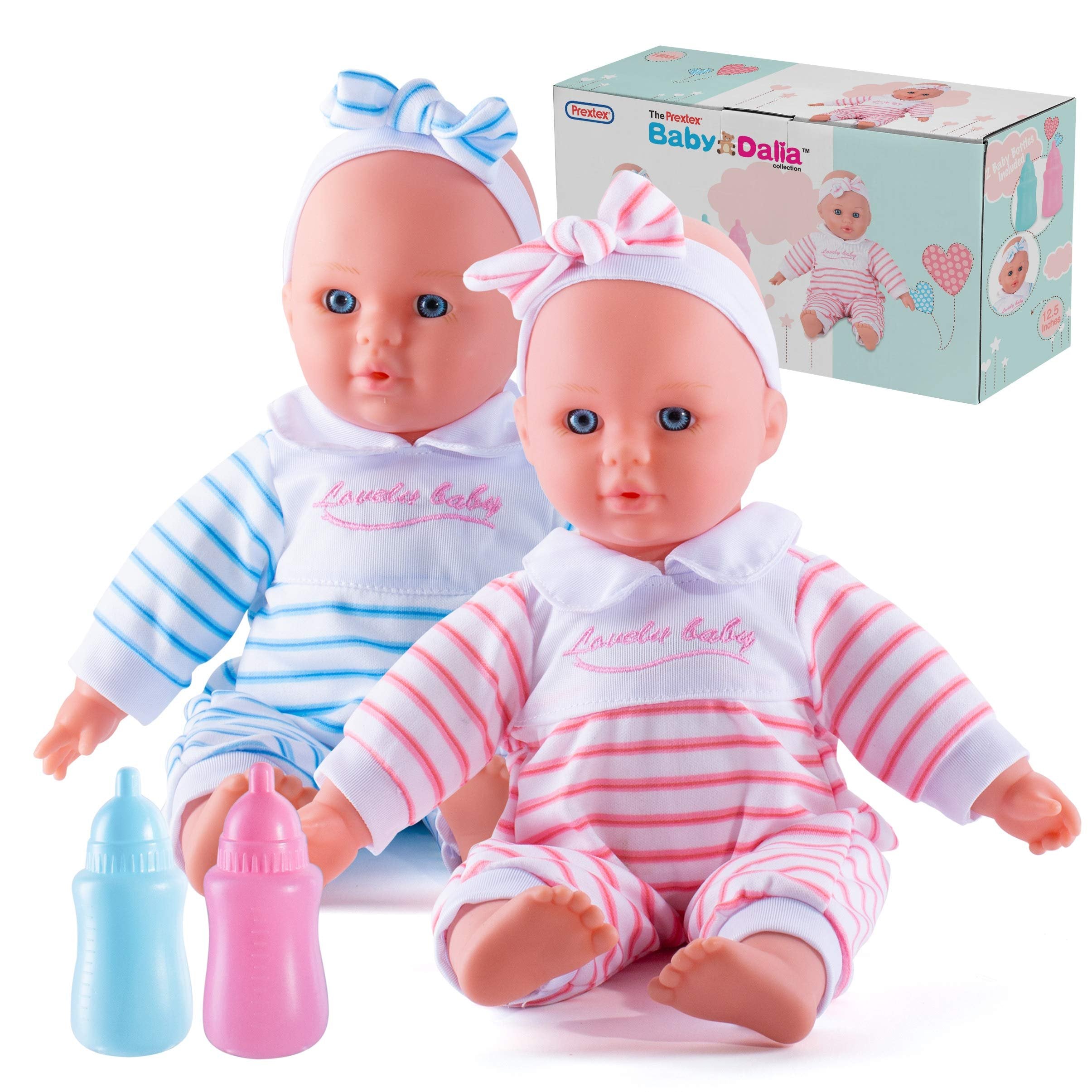 PREXTEX Baby Twin Dolls Set - 12-Inch Boy and Girl Soft Twin Baby Dolls Set with Pink and Blue Toy Bottle - Best Gift for Toddlers and Girls