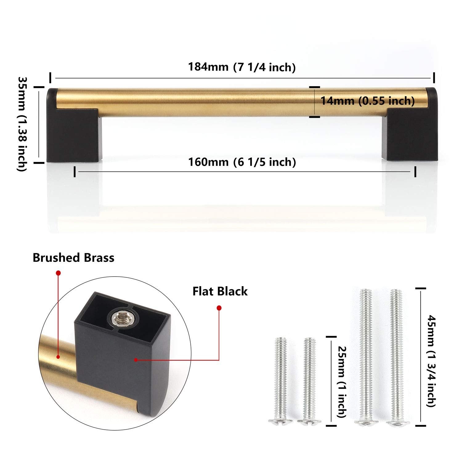 FULGENTE 10 Pack 6.3in (160mm) Gold Brushed Brass Cabinet Handles Stainless Steel Round Black Square Zinc Pull Knobs for Kitchen Drawer Closet Bar Appliance Handle CC6 1/5 inch