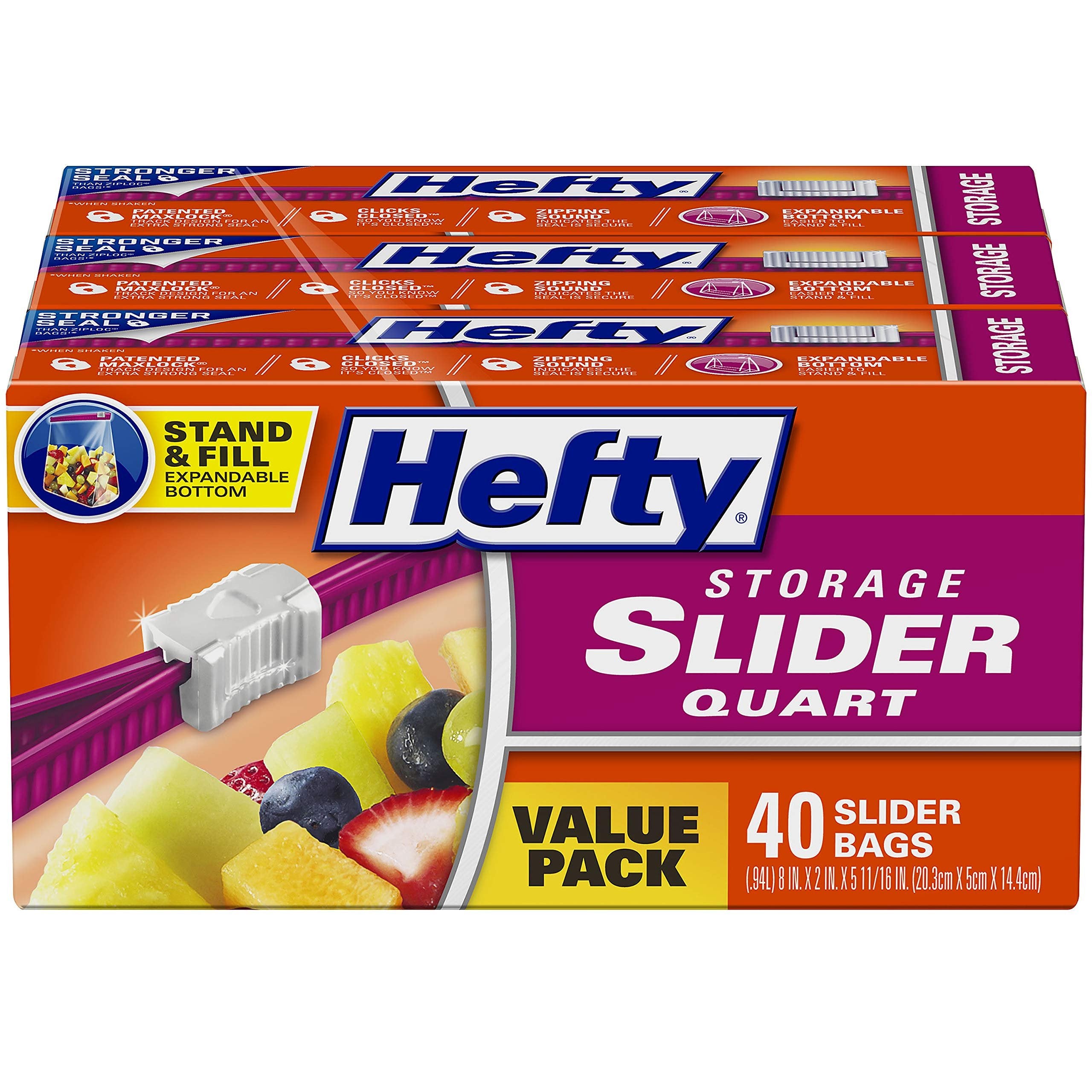 Hefty Slider Storage Bags, Quart Size, 40 Count (Pack of 3), 120 Total