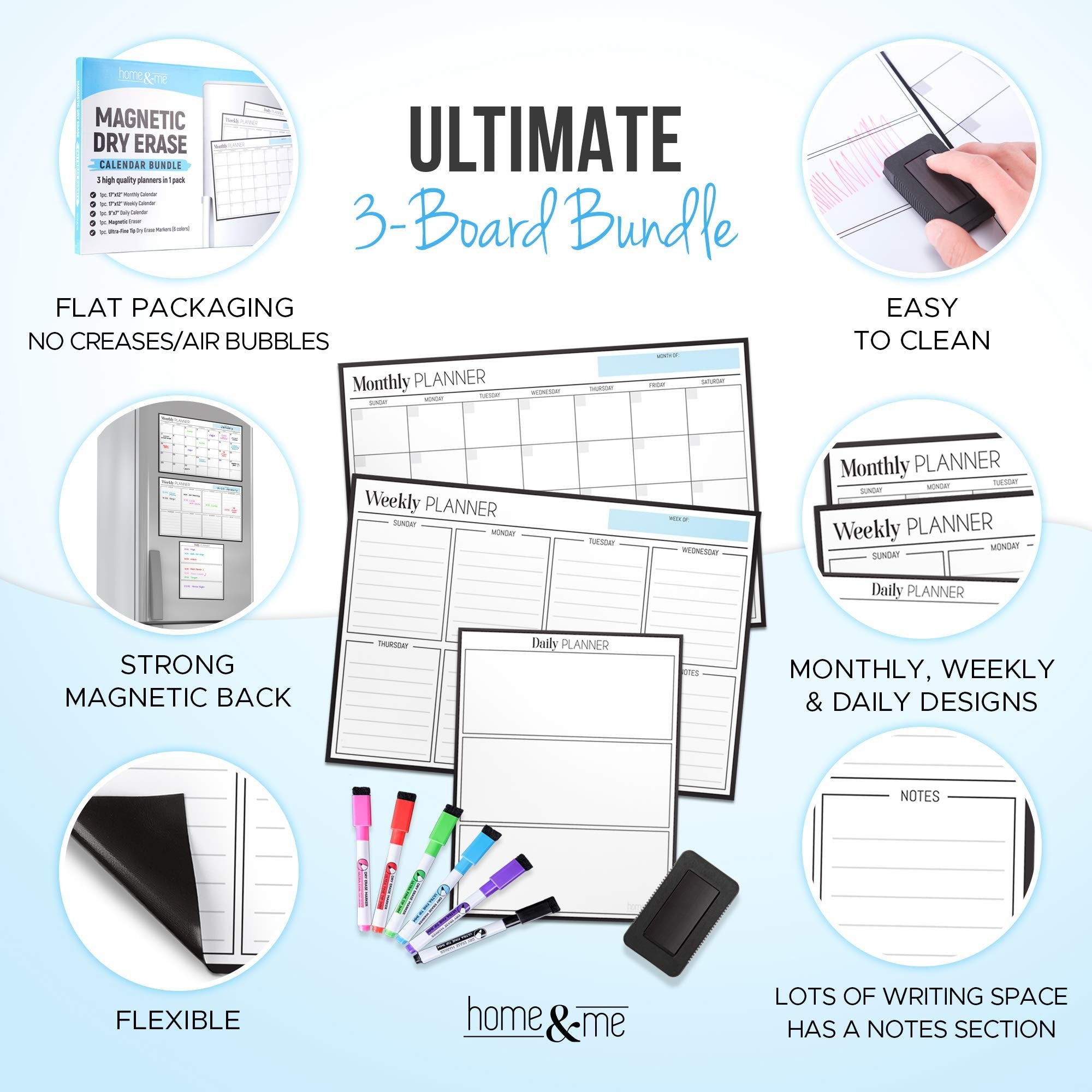 Magnetic Dry Erase Calendar Bundle for Fridge: 3 Boards Included - Monthly, Weekly, Daily Calendar Whiteboard 17x12" - 6 Fine Tip Markers and Large Eraser with Magnets, Refrigerator White Board Wall