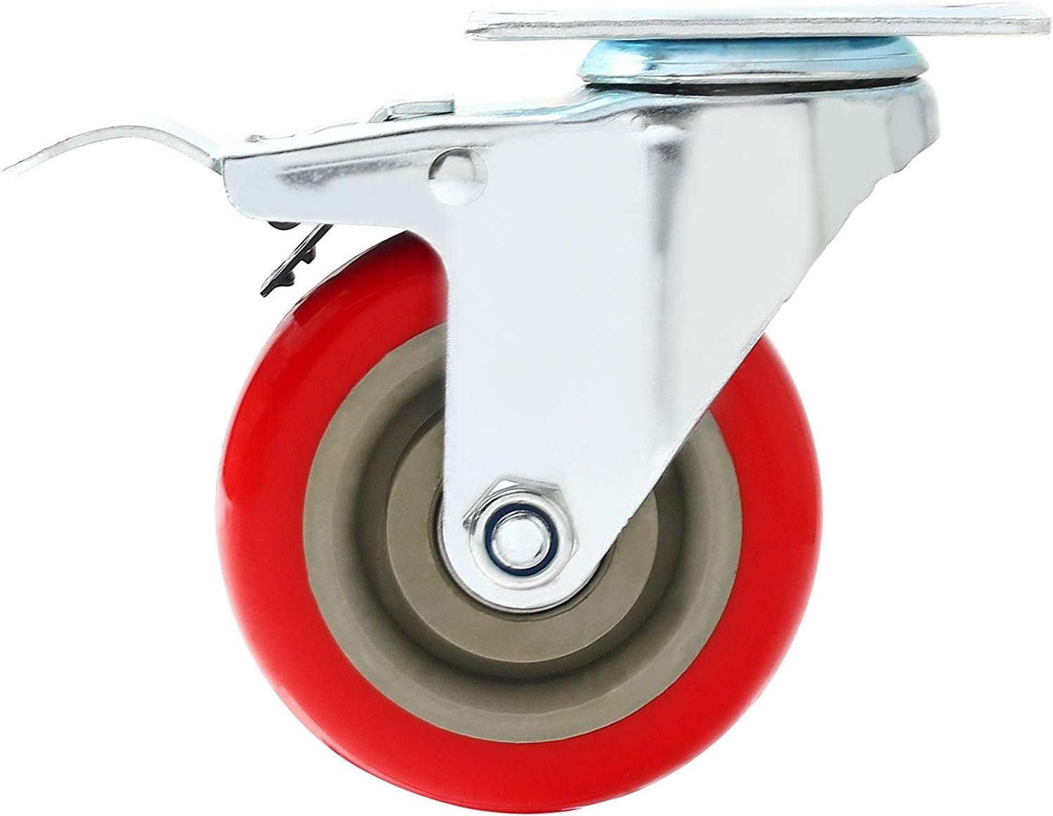 8 Pack 4" Caster Wheels Swivel 360 Degree 4 with Brake Swivel and 4 Swivel Plate Combo On Red Polyurethane Wheels with Hardware