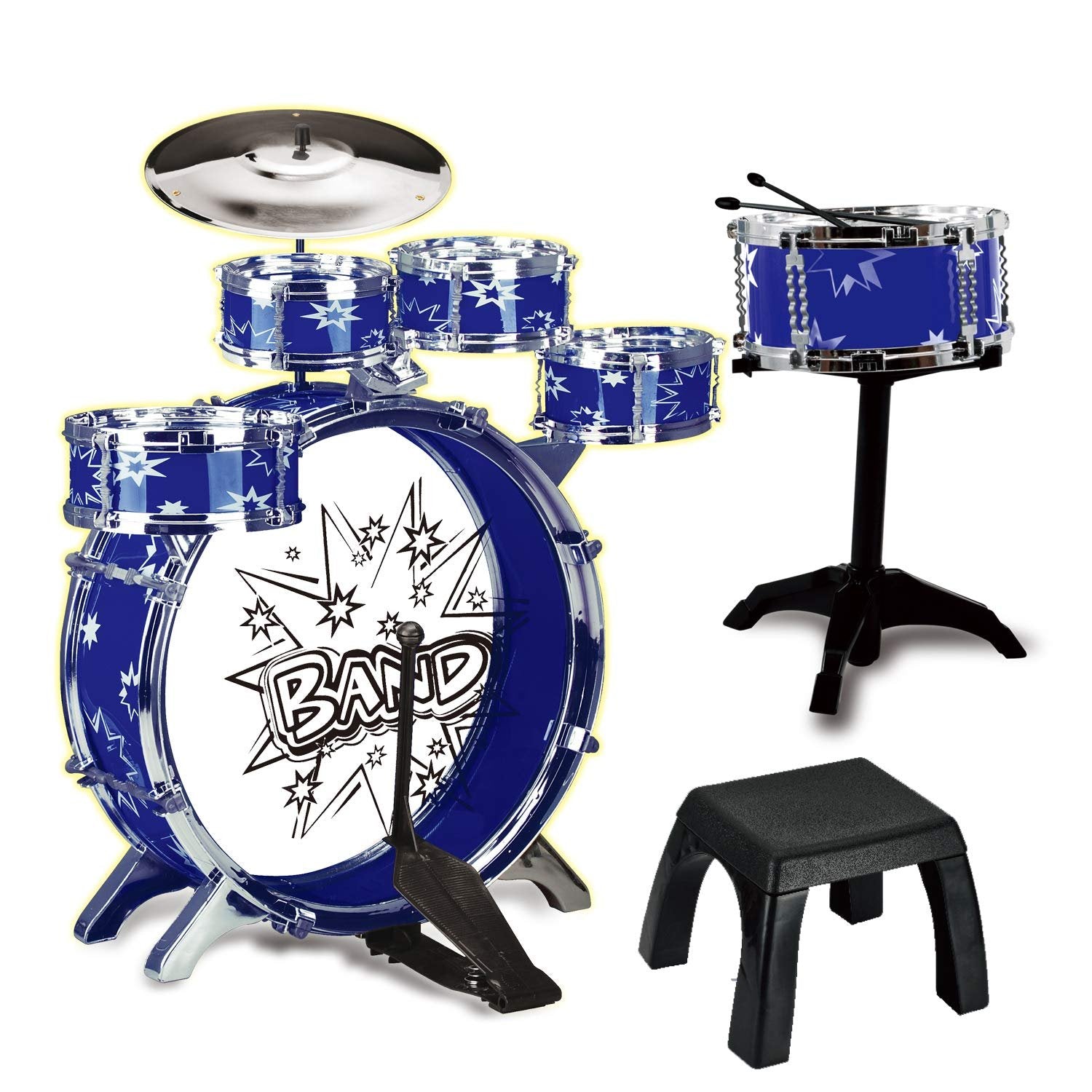 12 Piece Kids Jazz Drum Set - 6 Drums, Cymbal, Chair, Kick Pedal, 2 Drumsticks, Stool. Ideal Gift Toy for Kids, Boys & Girls