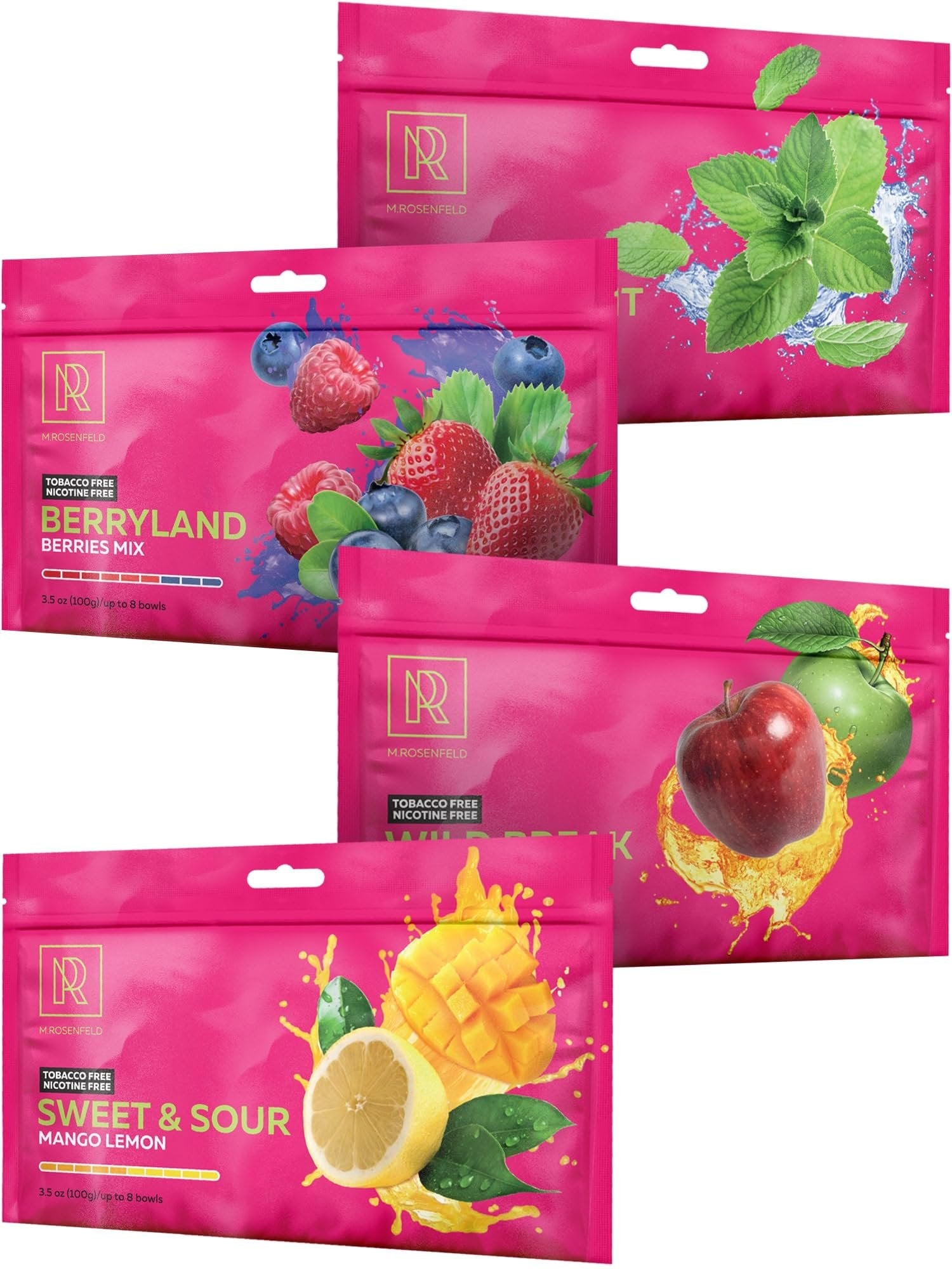 Hookah Shisha Flavors Set - 4 x 100g Shisha Hookah Flavors for 30 Hookah Bowls (Hookah Bundle contains 4 Flavors: Barryland - Wild Break - Sweet & Sour - Power Mint) Pack of 4