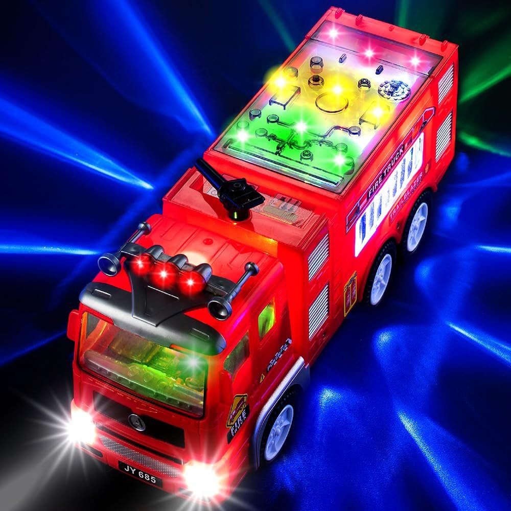 Zetz Brands Fire Truck Toy for Boys, Girls, Kids, w/ 4D LED Lights, Toddlers - Age 3+ Fire Engine Push Toy Car for Little Fireman Real Firetruck Siren Sound, Bump & Go - Ideal Gift