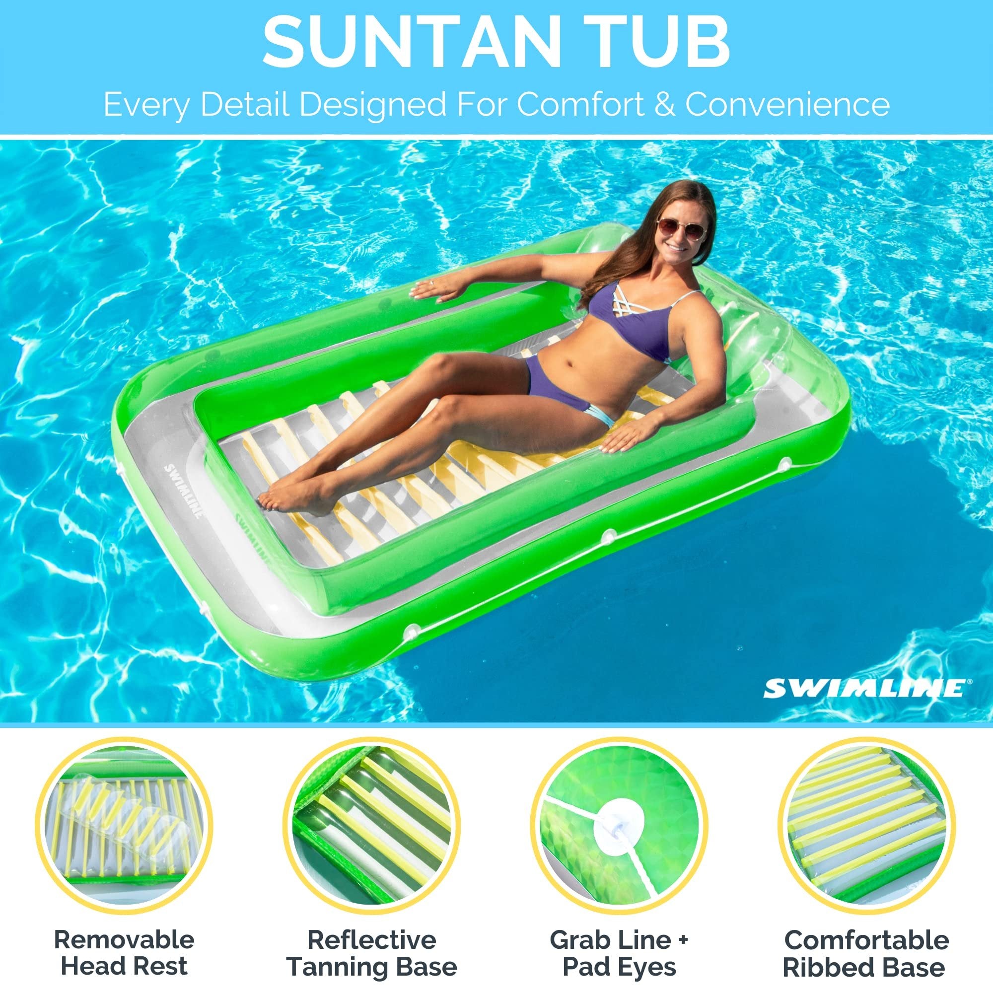 SWIMLINE Original Suntan Tub Classic Edition Inflatable Floating Lounger Green and Yellow | Tanning Pool Hybrid Lounge