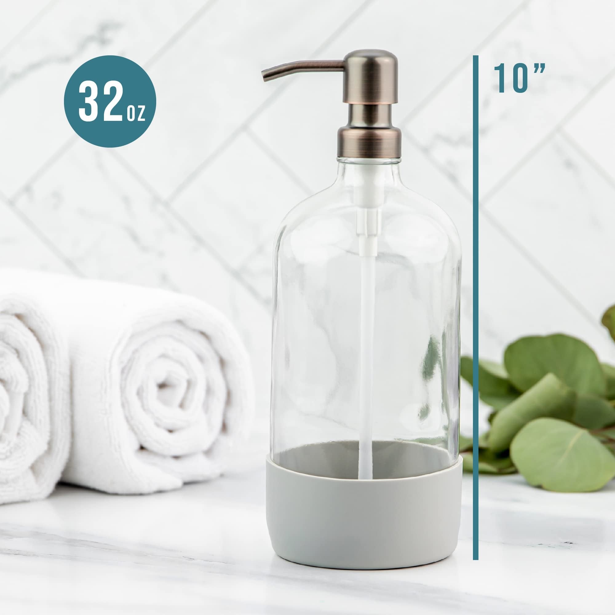 32 oz Glass Pump Bottle Rustproof Stainless Steel Pump, Funnel, and Lids. Modern Farmhouse Vintage Jar, Large Glass Shampoo Bottles with Pump and Laundry Soap Dispenser - Copper
