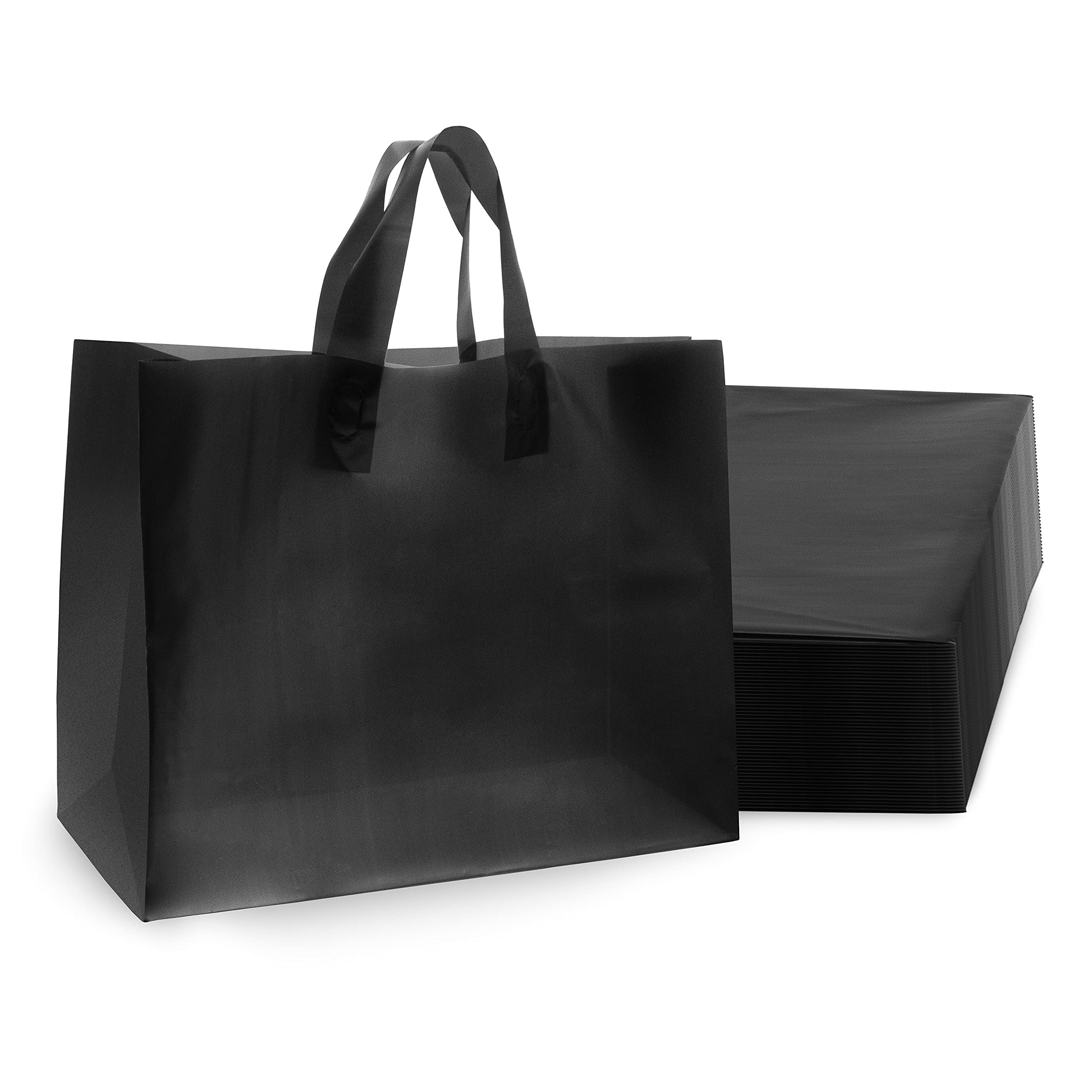 Prime Line Packaging 16x6x12 100 Pack Black Shopping Bags with Handles, Large Merchandise Bags, Retail Shopping Bags for Boutique, Small Business Bulk