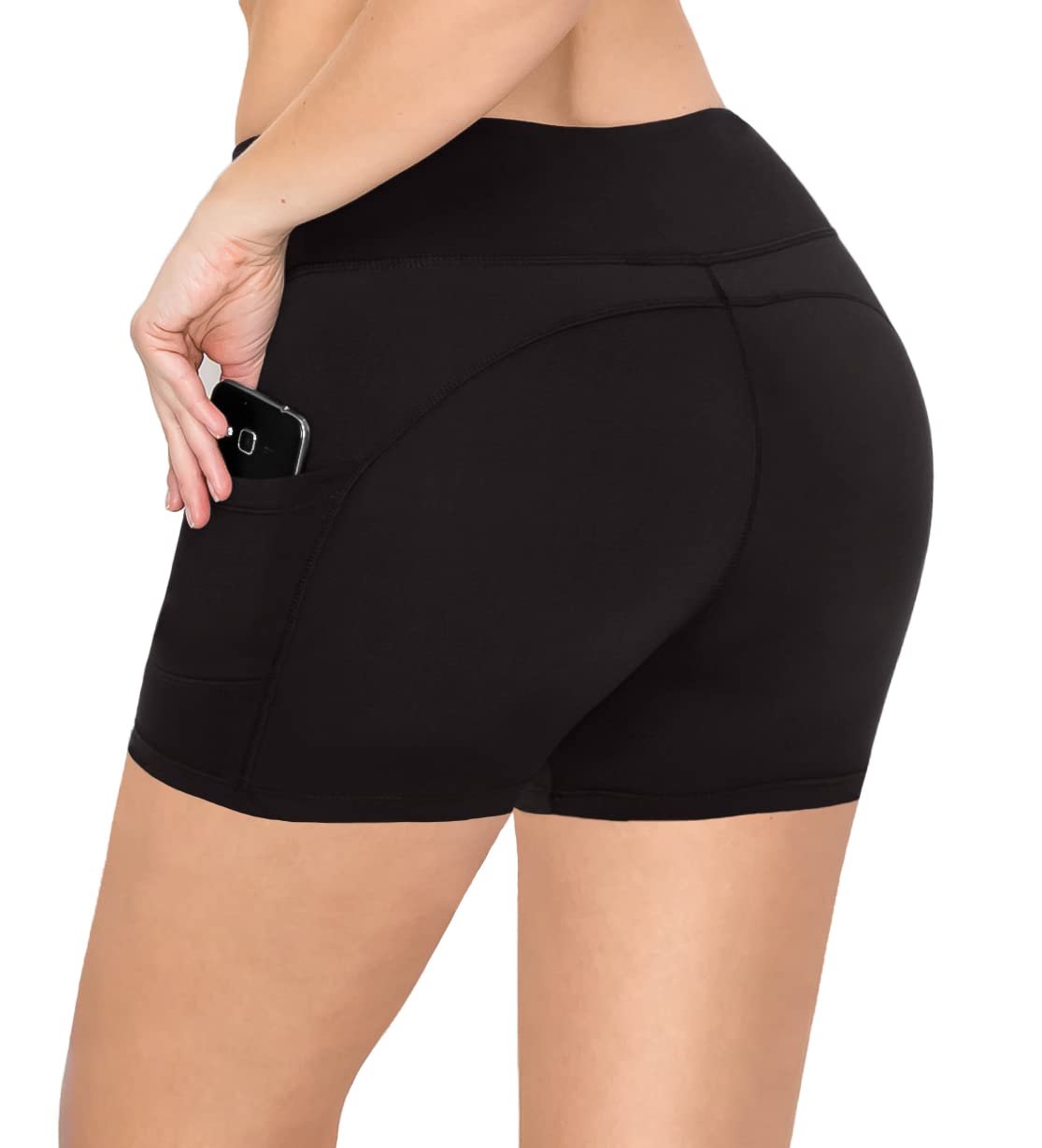 SATINA Biker Shorts for Women - High Waist Biker Shorts with Pockets - Yoga Shorts for Regular & Plus Size Women (5-Inch, Large, Black Shorts)