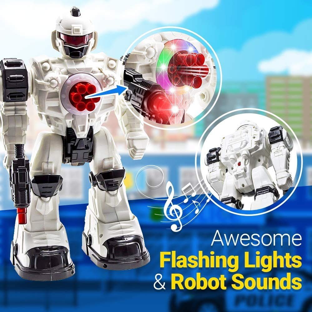 WolVolk 10 Channel Remote Control Robot Police Toy with Flashing Lights and Sounds, Great Action Toy for Boys
