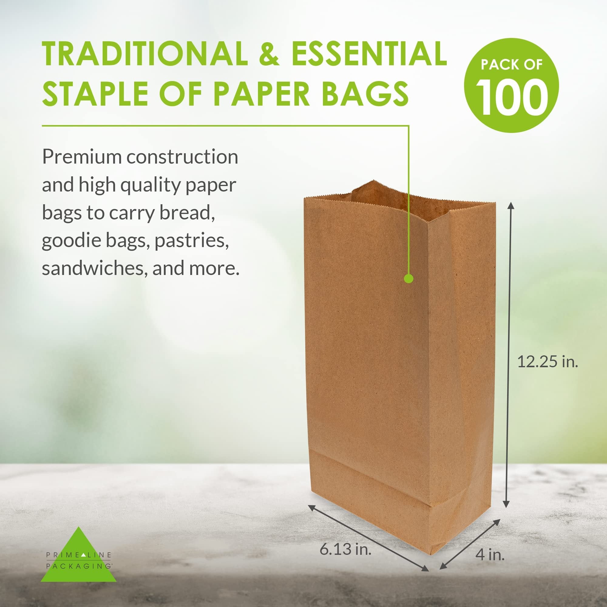 Brown Paper Lunch Bags - 8 LB Medium Paper Lunch Bags 100 Count, Disposable Kraft Paper SOS Sack for Lunch Bags, Bread Bags, Sandwich Bags, Snack, Goodie, Favor Bags, Bakery Use, Bulk - 6.13x4x12.25
