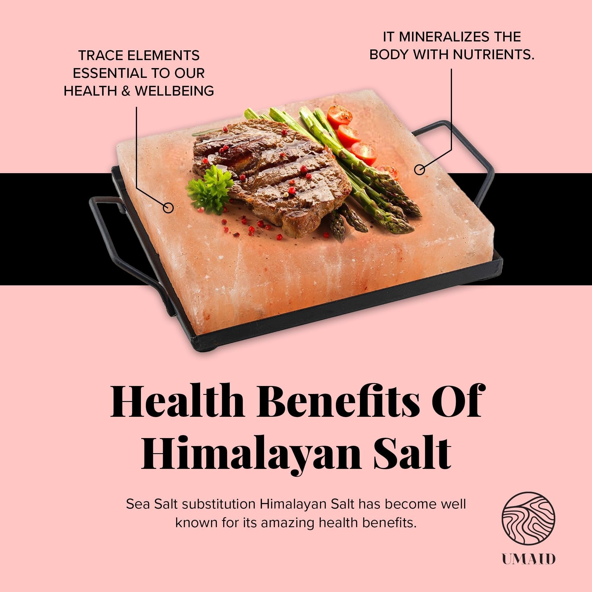 UMAID Himalayan Salt Block Cooking Plate 8x8x1.5 for Cooking, Grilling, Cutting and Serving, Food Grade Rock Salt Stone On Steel Tray with Recipe Pamphlet Unique Gifts for Men, Women, Dads & Cooks