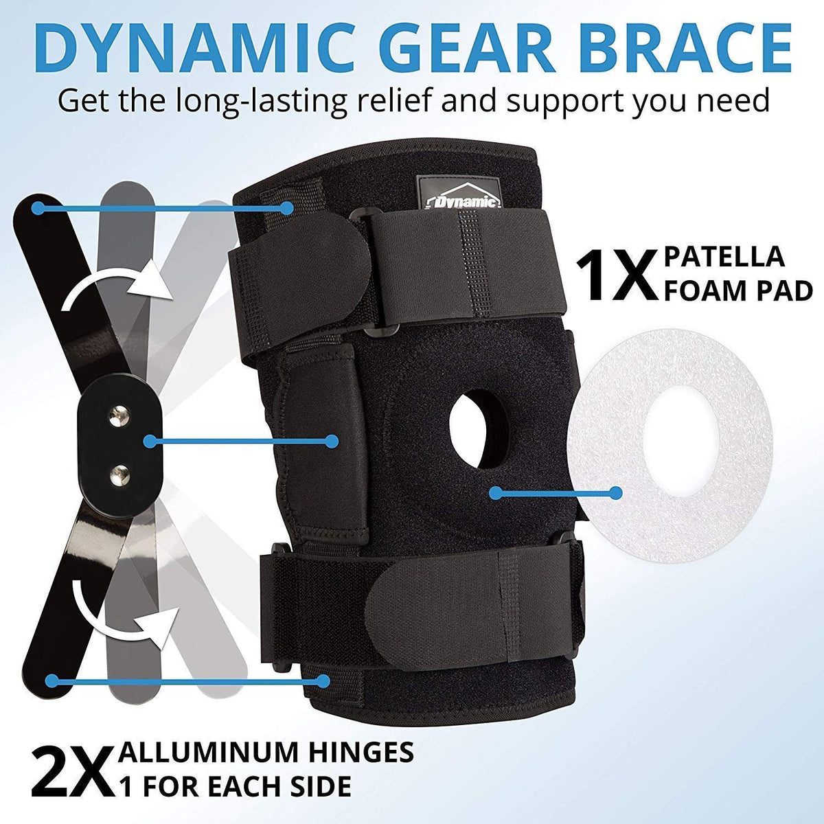 Dynamic Gear Open Patella Stabilizing Knee Brace with Dual Aluminum St