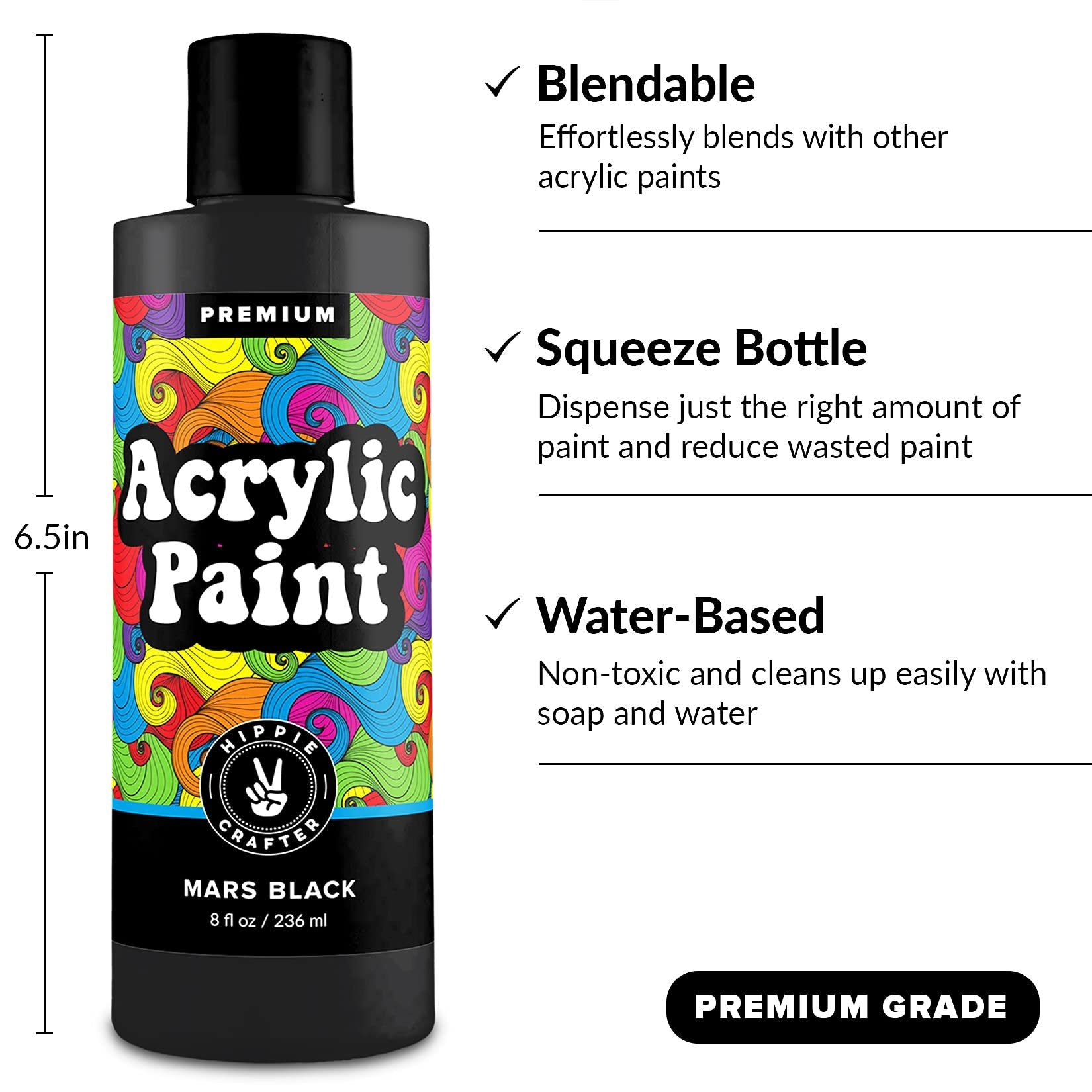 Black Acrylic Paint Premium Colors Paint Acrylic | Art Paints for Canvas and Outdoor Painting 8oz 236ml Bottle Mars Black