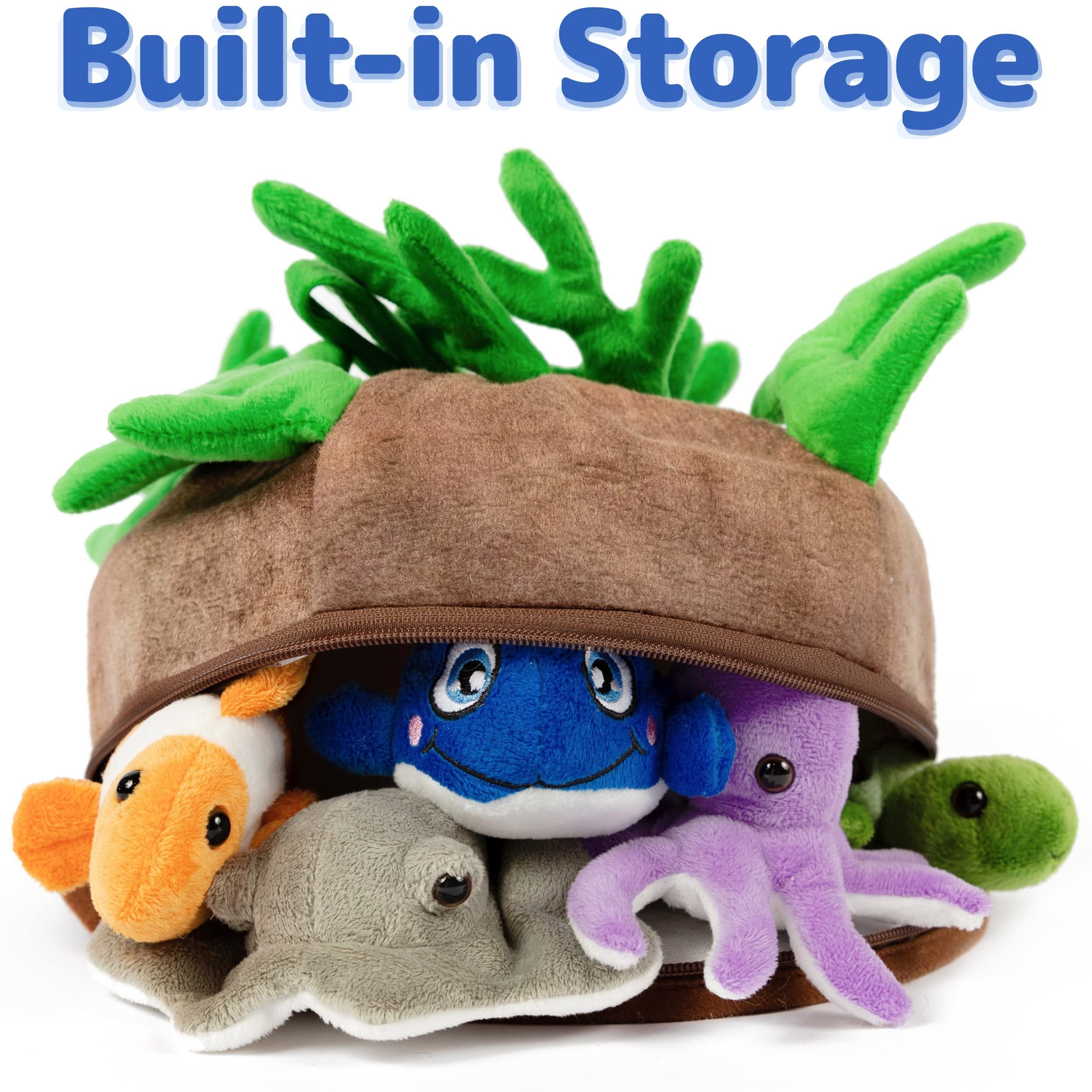 Prextex 5-pc Stuffed Sea Animal & Toy Storage | Soft Plush Sea Creatures Toys for Kids | Small/Mini Stuffed Animals in Bulk | Cute Toy Ocean Decor, Ocean Animals | Birthday Gift Bag, Party Favor/Decor