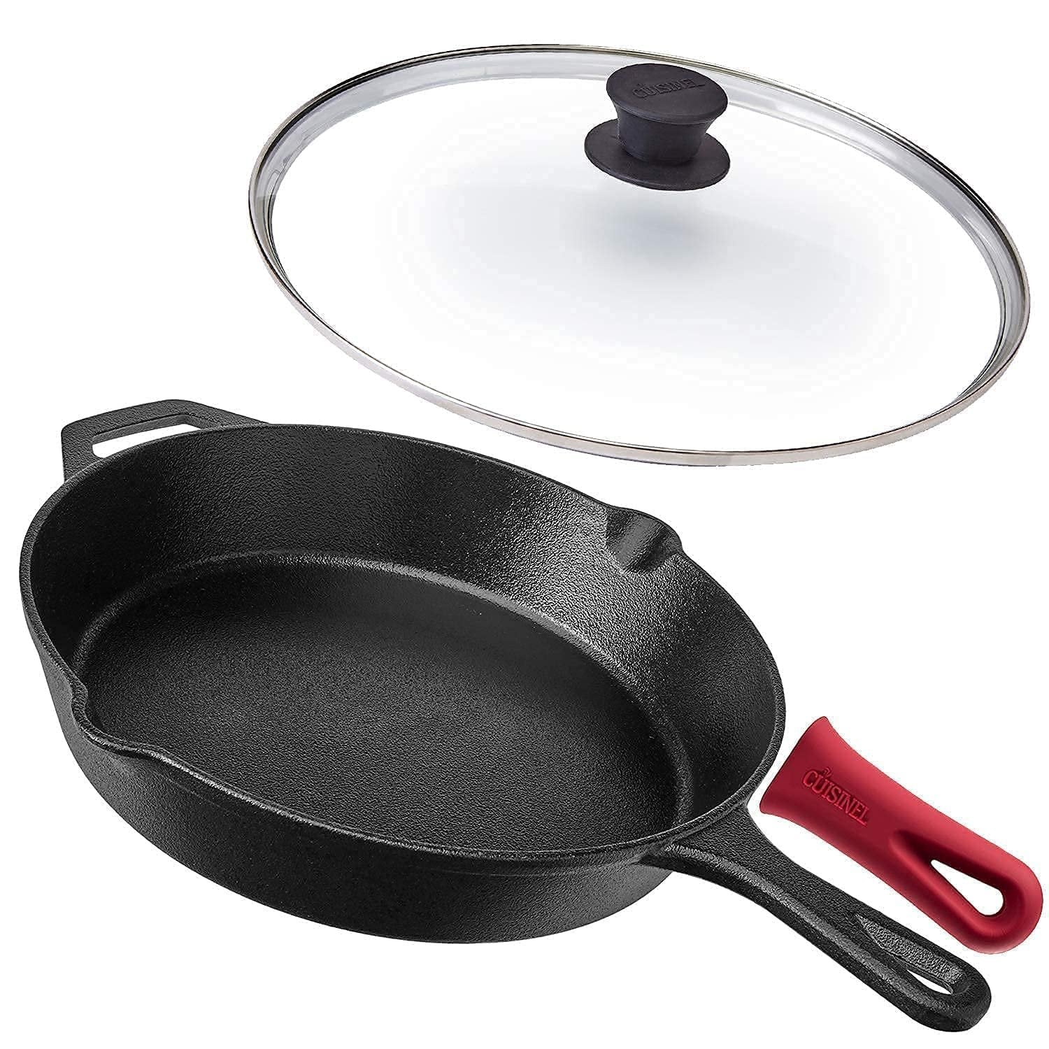 Cuisinel Cast Iron Skillet - 12"-Inch + Glass Lid + Silicone Handle Cover - Preseasoned Oven Safe Cookware - Heat-Resistant Holder - Indoor and Outdoor Use - Grill, Stovetop, Induction Safe