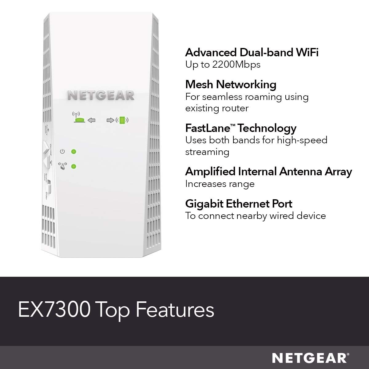 NETGEAR WiFi Mesh Range Extender EX7300 - Coverage up to 2300 sq.ft. and 40 devices with AC2200 Dual Band Wireless Signal Booster & Repeater (up to 2200Mbps speed), plus Mesh Smart Roaming