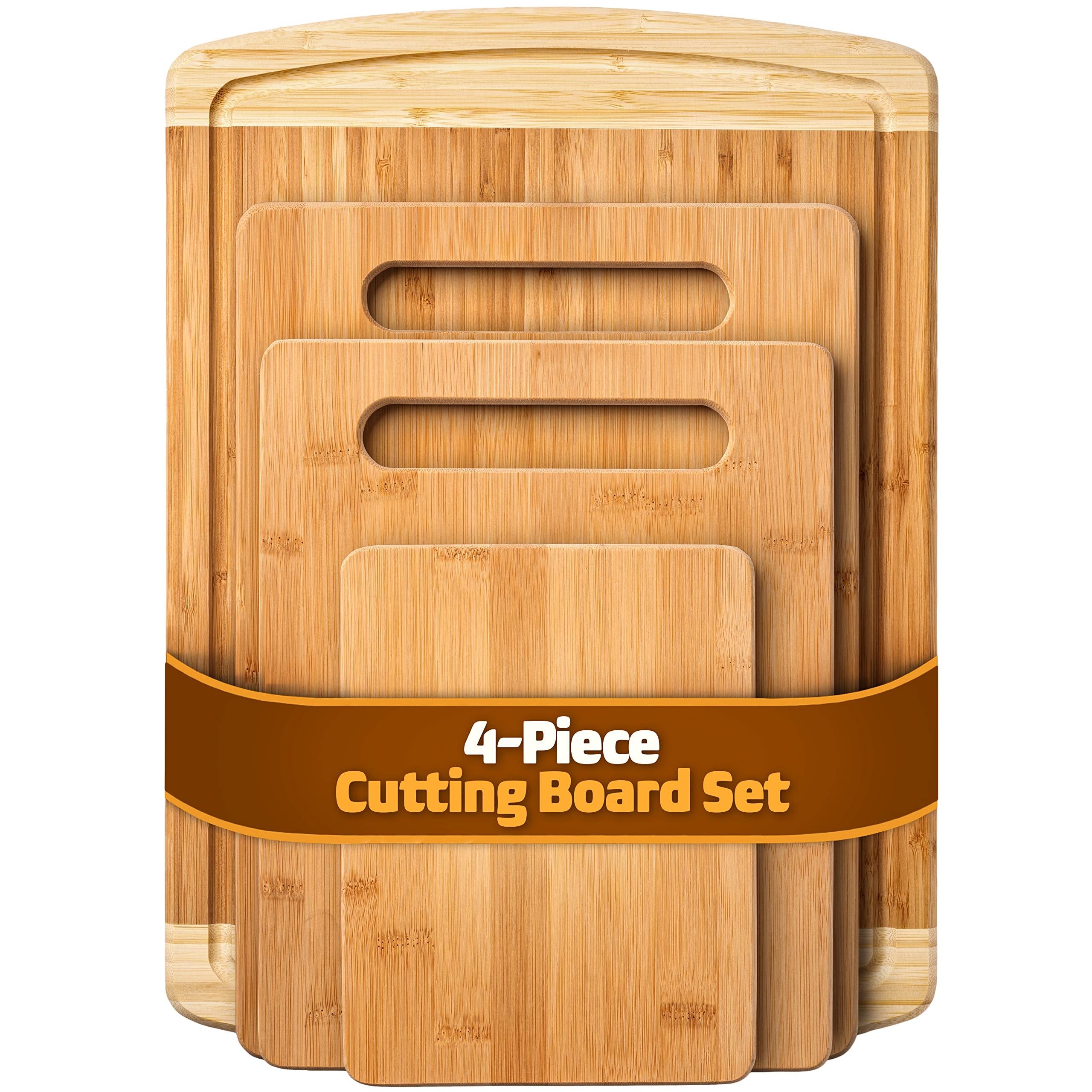 Bamboo Cutting Board Set of 4 - Kitchen Chopping Boards with Juice Groove for Meat, Cheese and Vegetables - Large Natural Wood Butcher Block, Cheese Board & Charcuterie Board