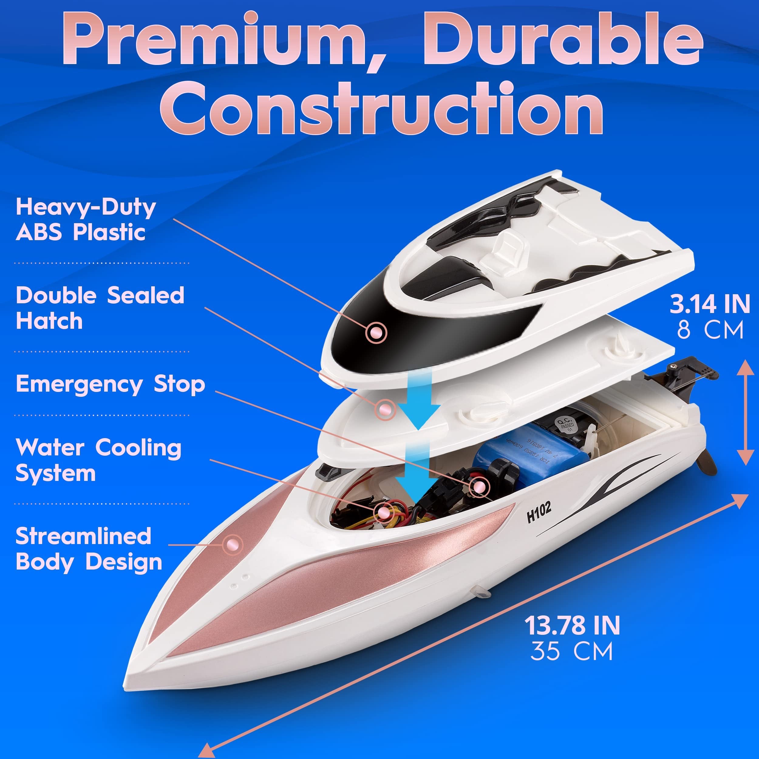 RC Boat - Remote Control Boat for Kids and Adults - 20 MPH Speed - Durable Structure - Innovative Features - Incredible Waves - Pool or Lake - 4 Channel Racing - 2.4 GHz Remote Control - H102 Model